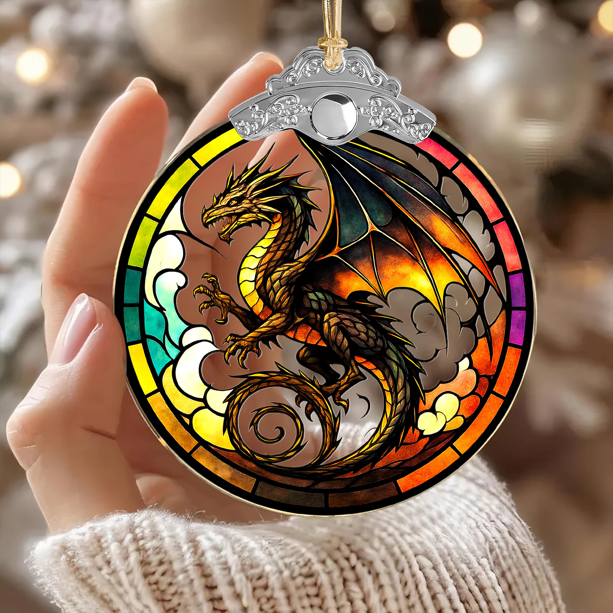 Stained glass dragon ornament on display