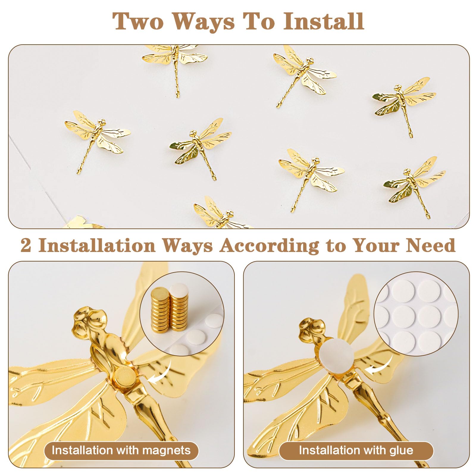 Gold plated metal dragonfly wall art 3D design 2.75in