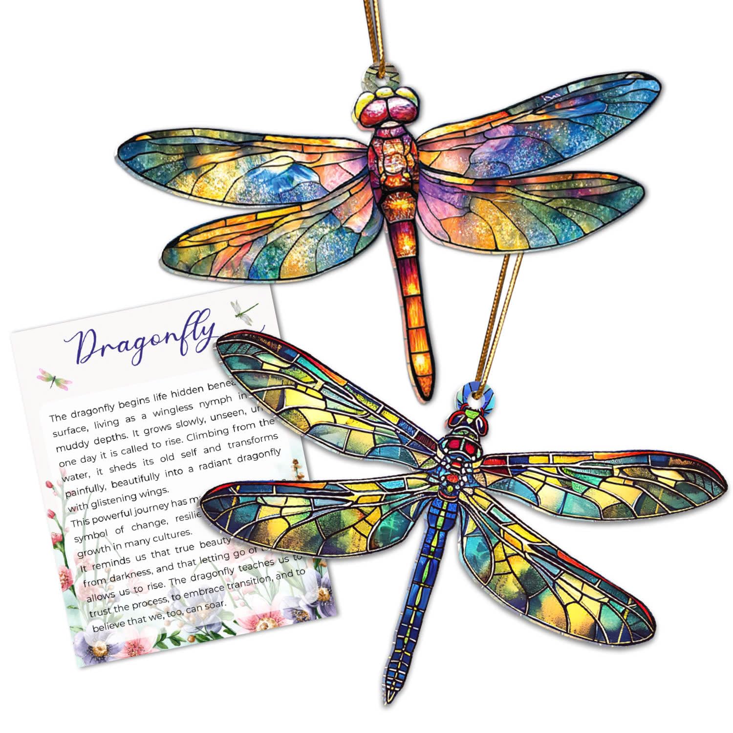 dragonfly ornaments women two-piece set stained glass look