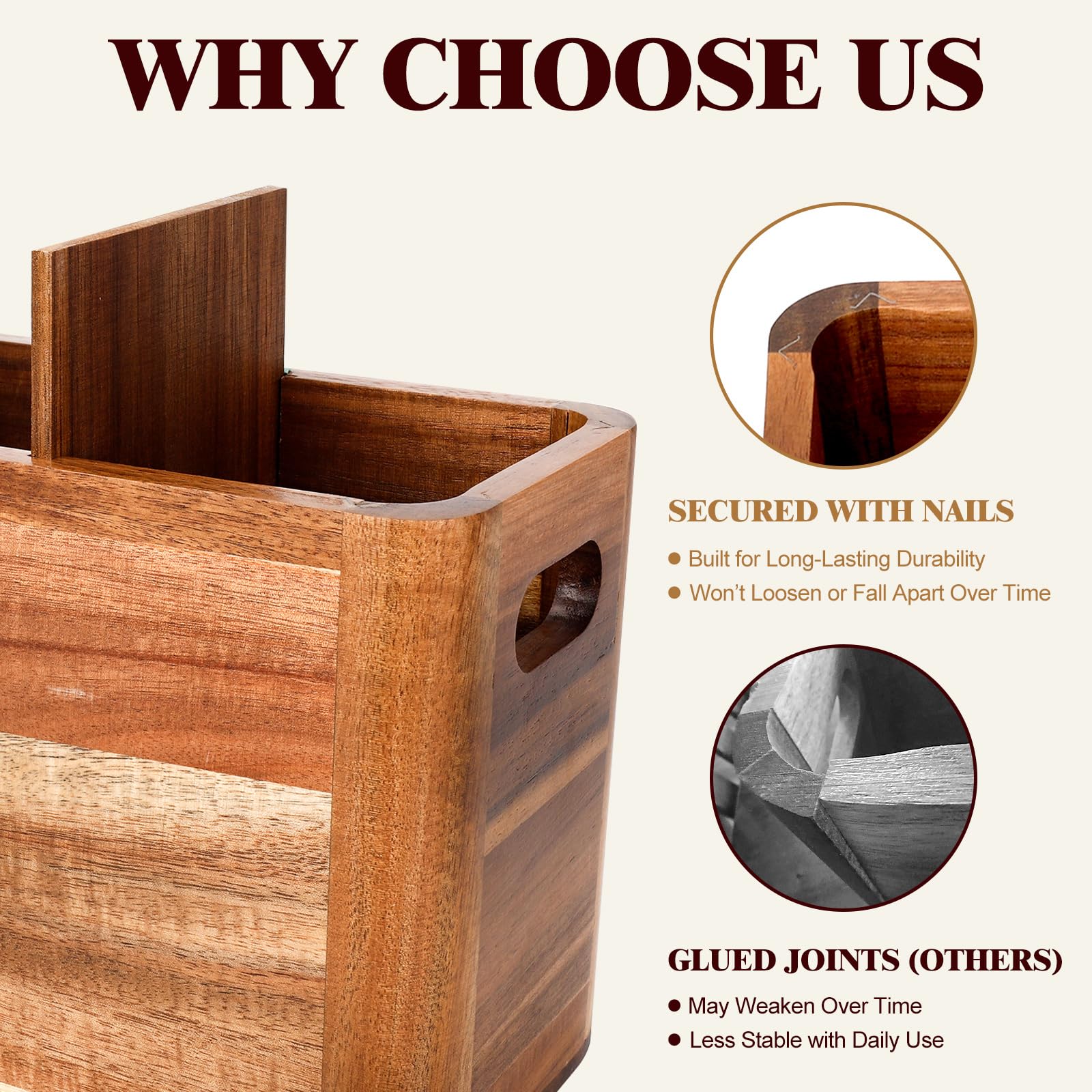 Acacia wood utensil holder with easy-clean design