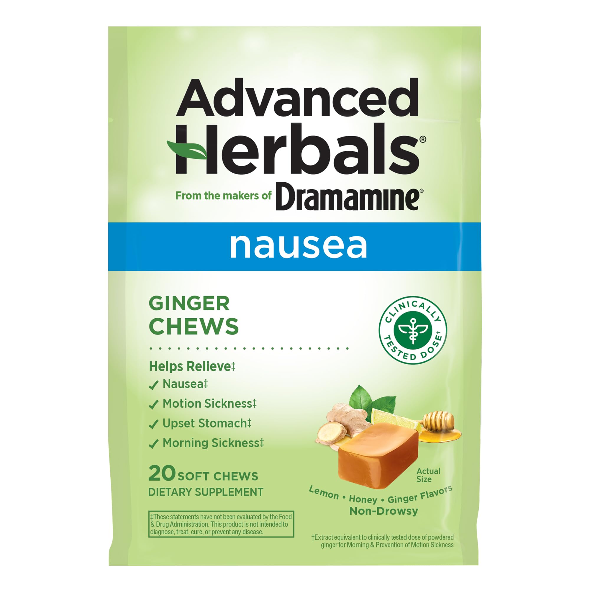 Dramamine Advanced Herbals Ginger Chews lemon honey flavor 20ct package