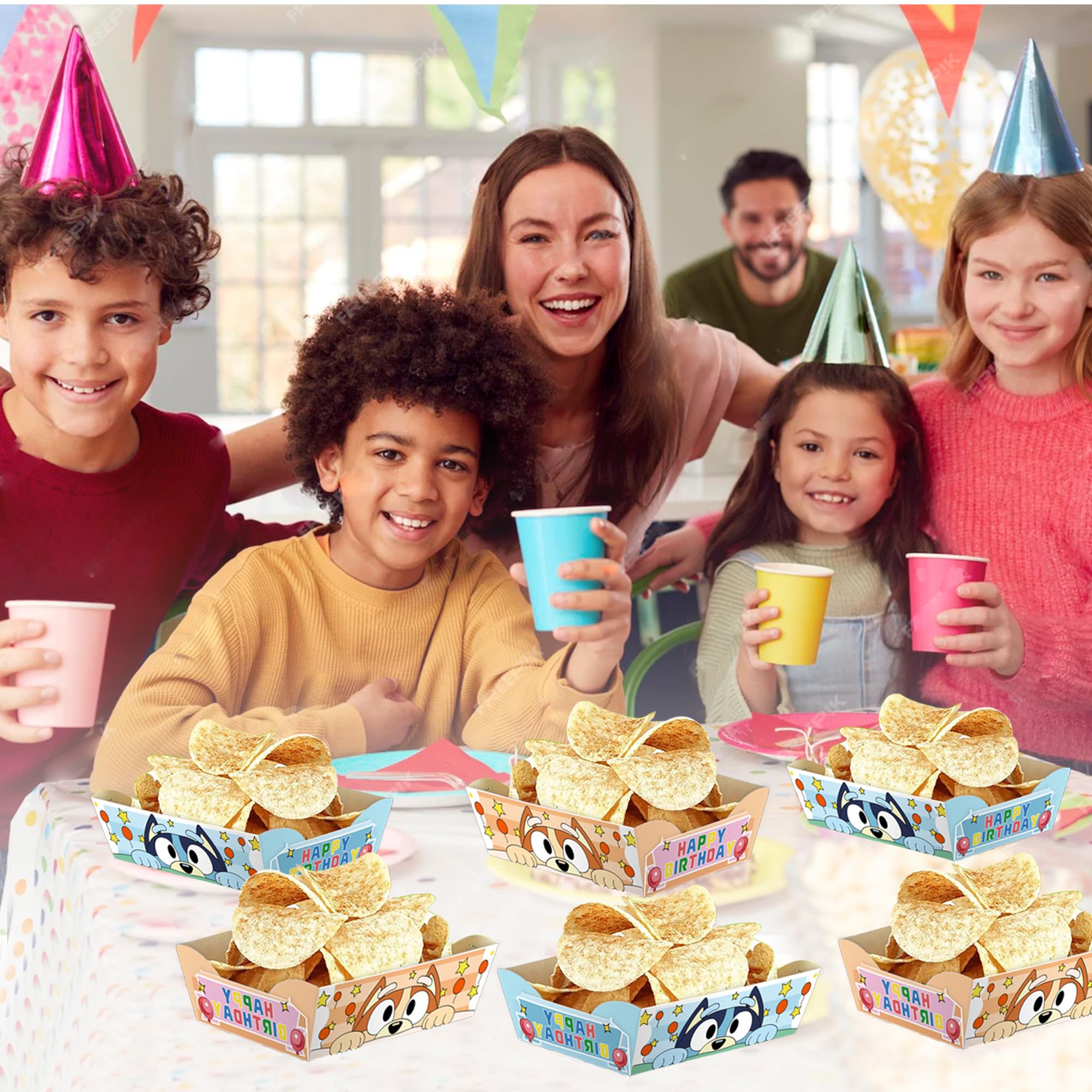 Pack of 24 paper trays for popcorn nachos and snacks in cartoon dog theme