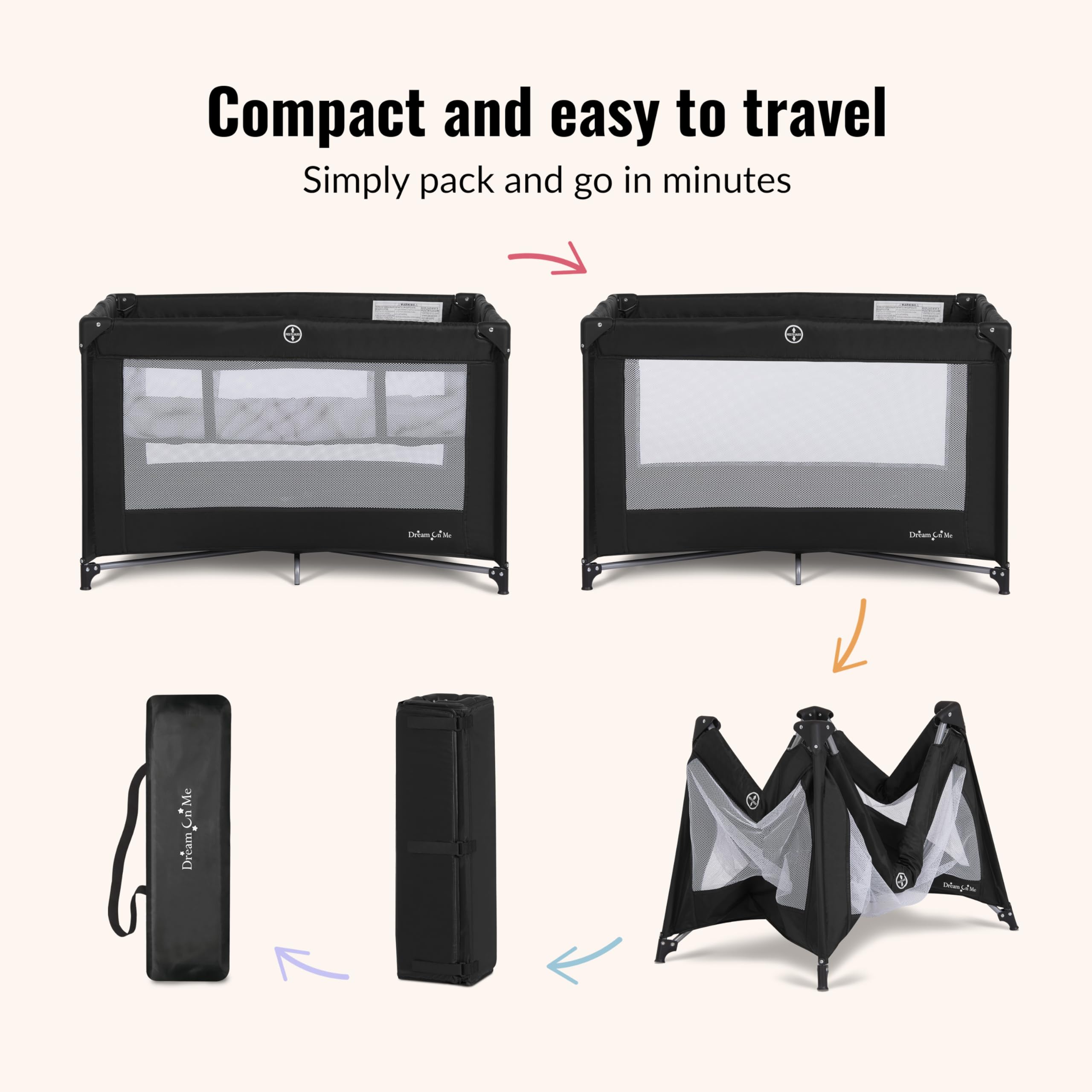Zazzy playard folded compactly for travel with travel carry bag