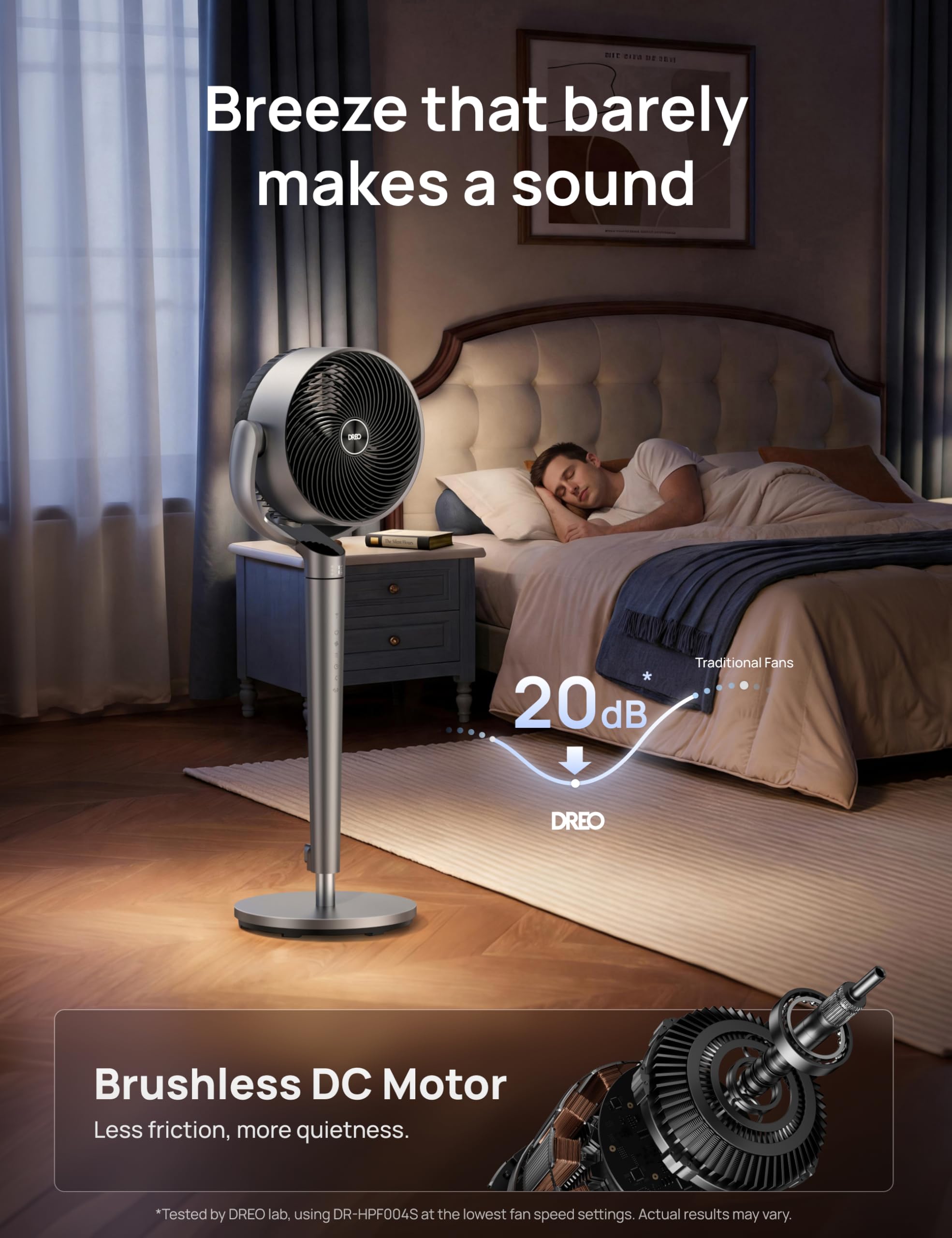 DREO oscillation coverage 150° horizontal 120° vertical pedestal height