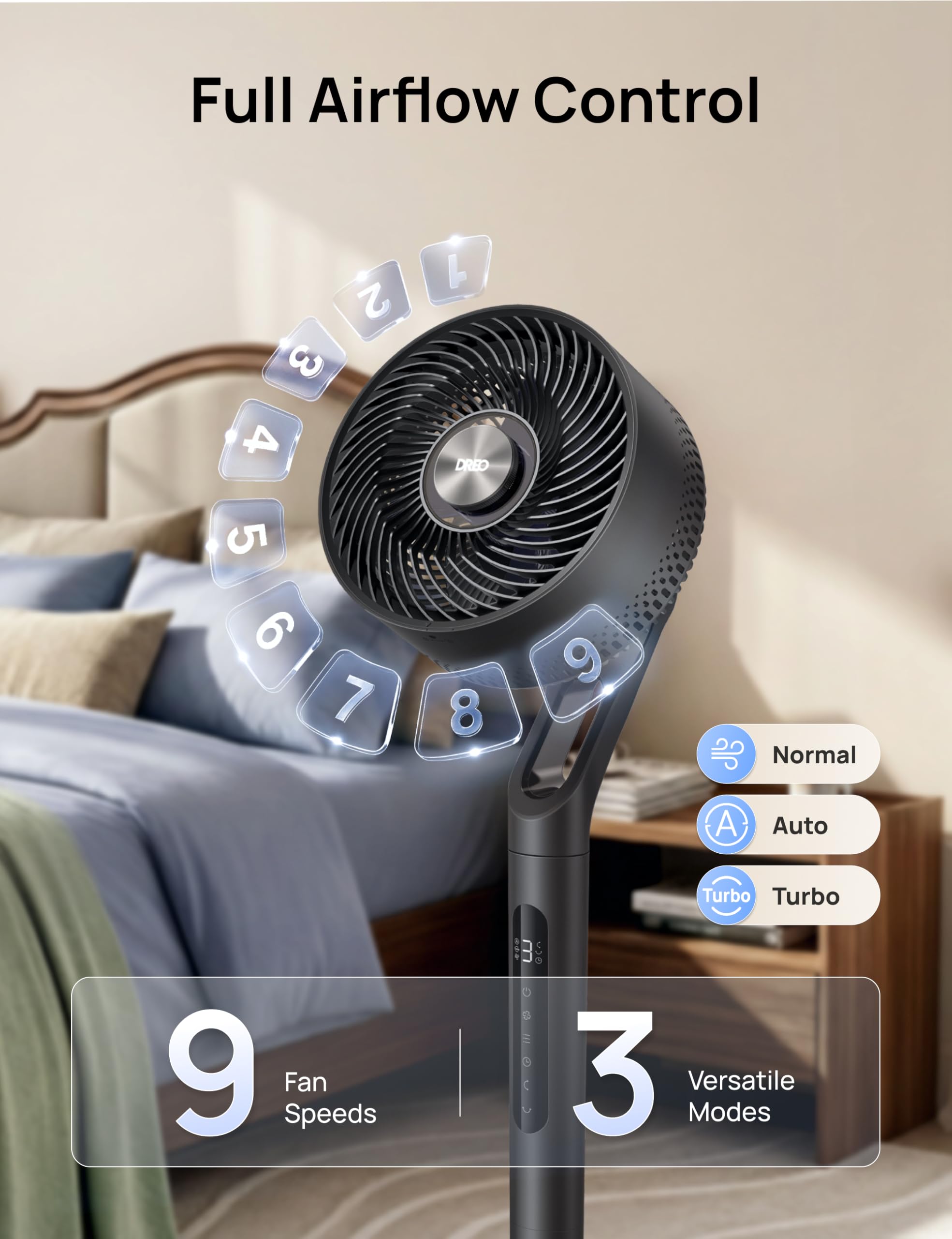 DREO pedestal fan with 9 speeds and 3 modes