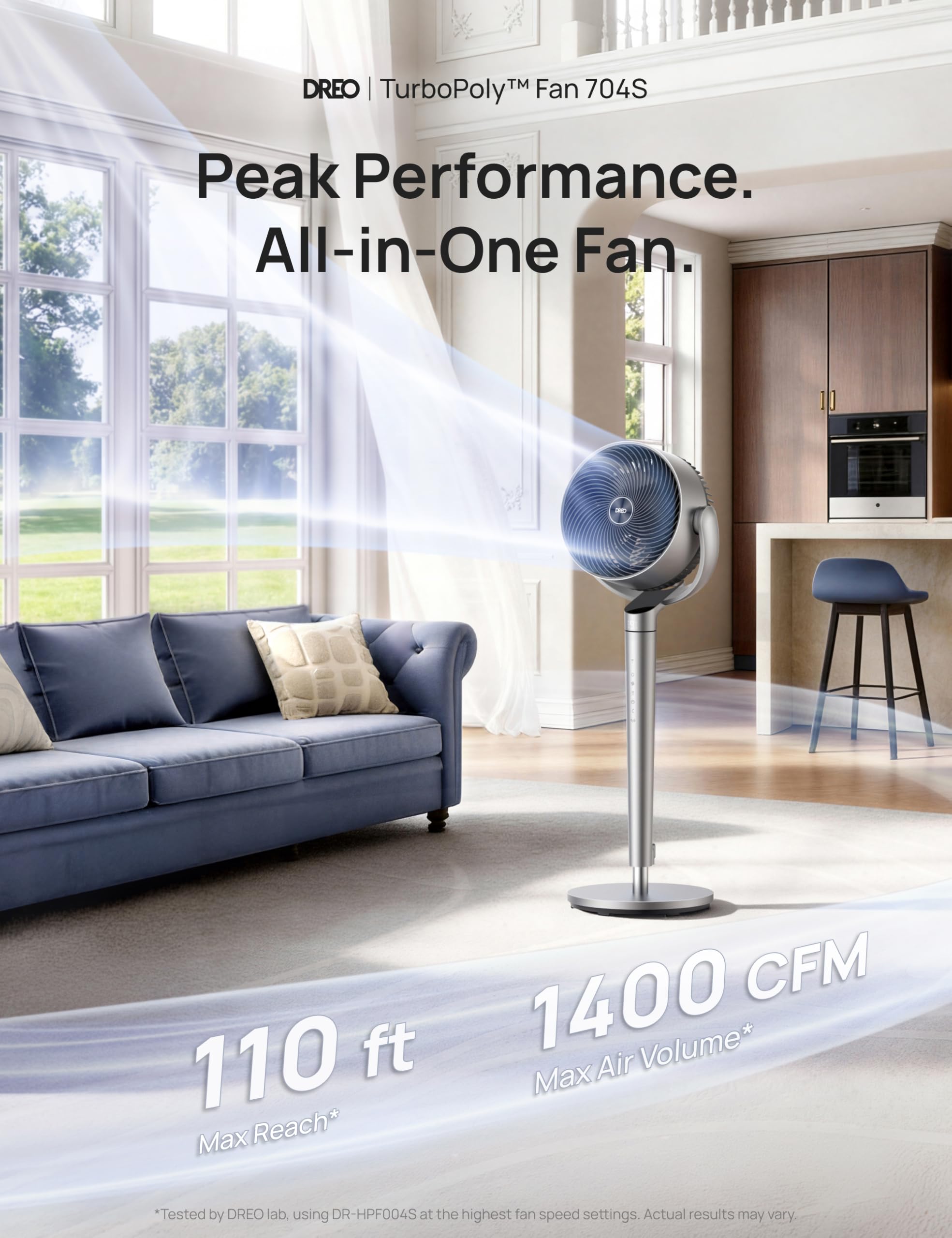 DREO pedestal fan featuring DC motor and remote control