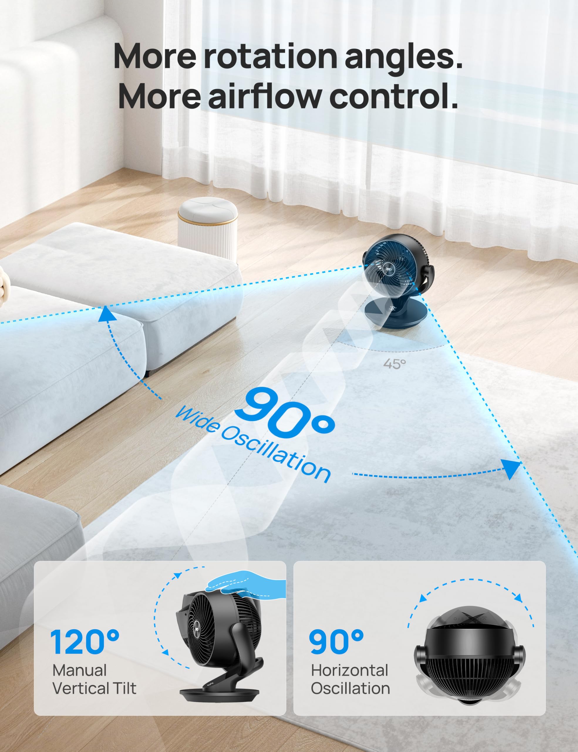 Quiet Dreo fan operating at 28dB with aerodynamic technology