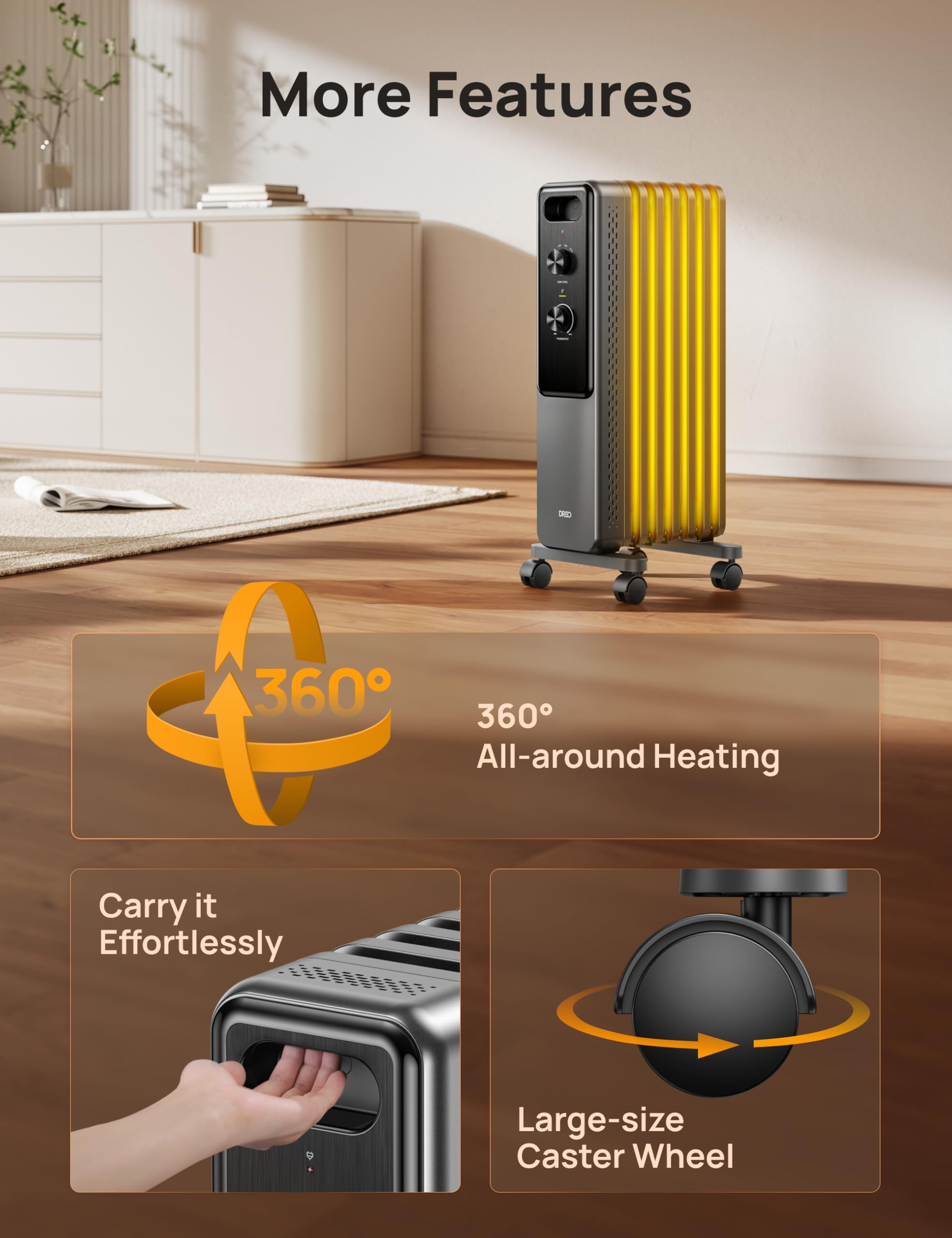 Three heat settings 600W 900W 1500W for energy control