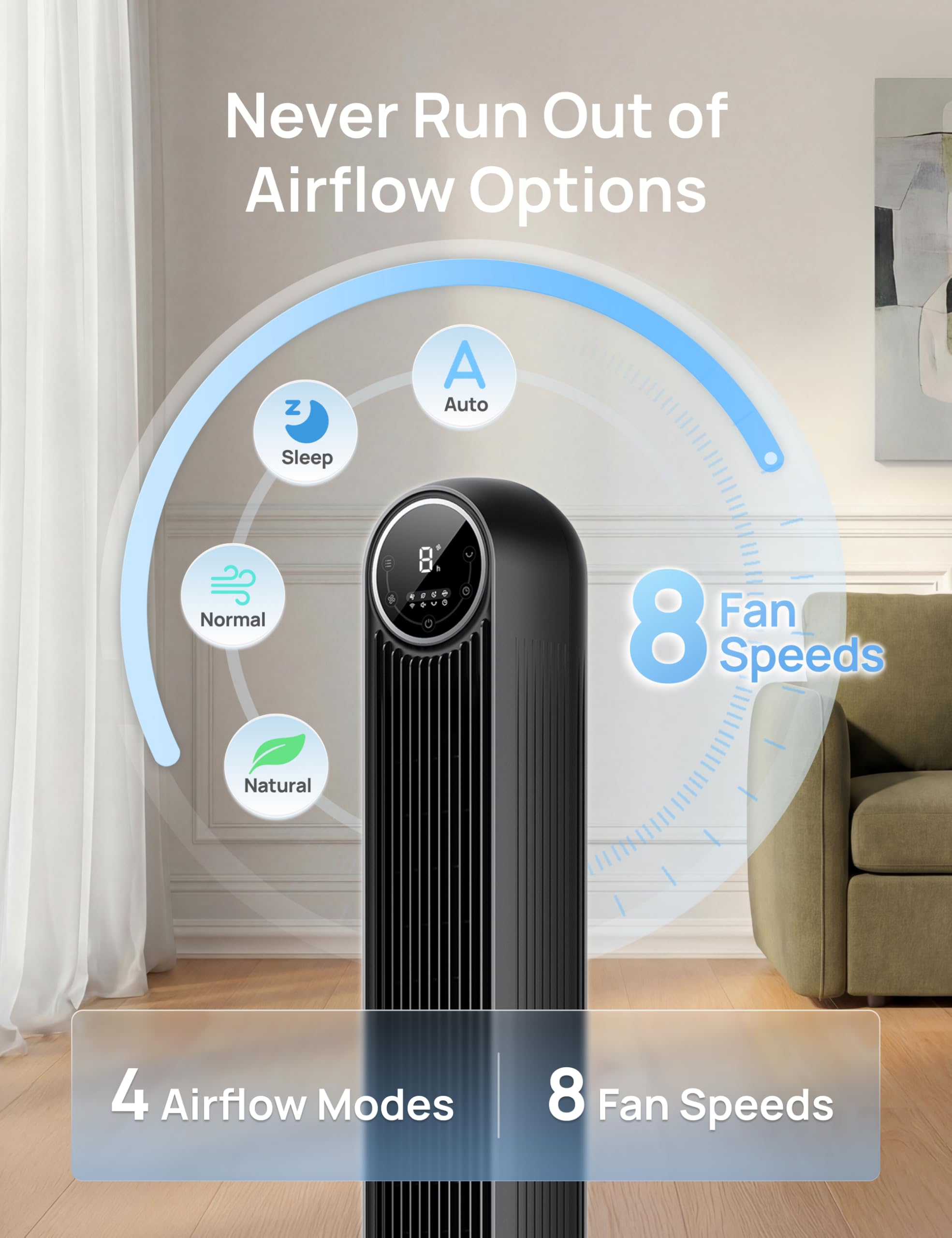 DREO Tower Fan for Bedroom 8 speeds control panel