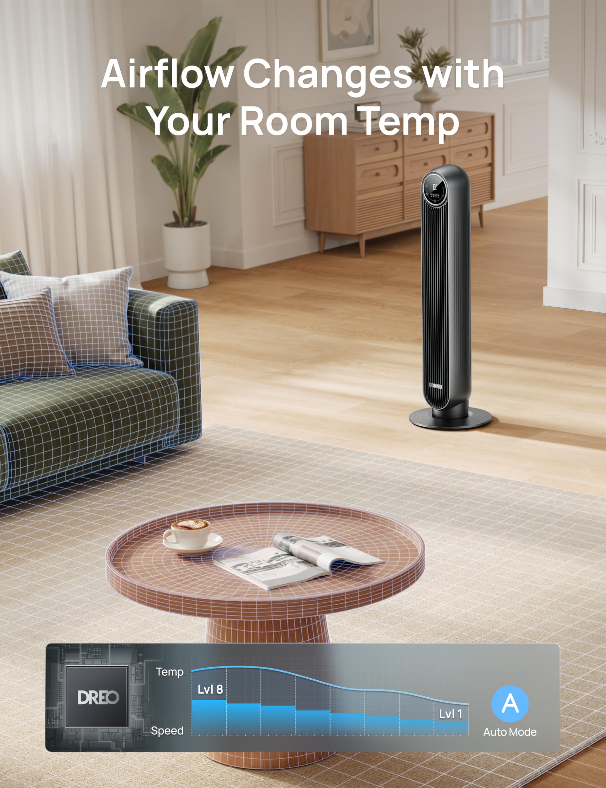 DREO Tower Fan for Bedroom 90 degree oscillation in room