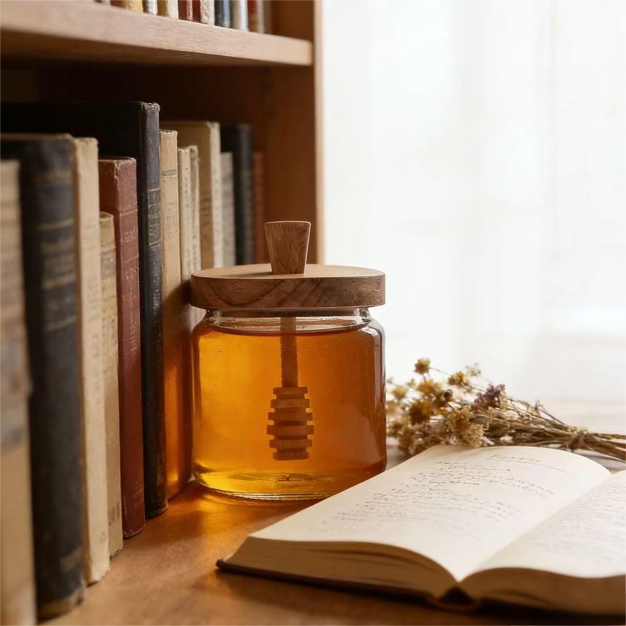 kitchen countertop storage with glass honey jar and lid