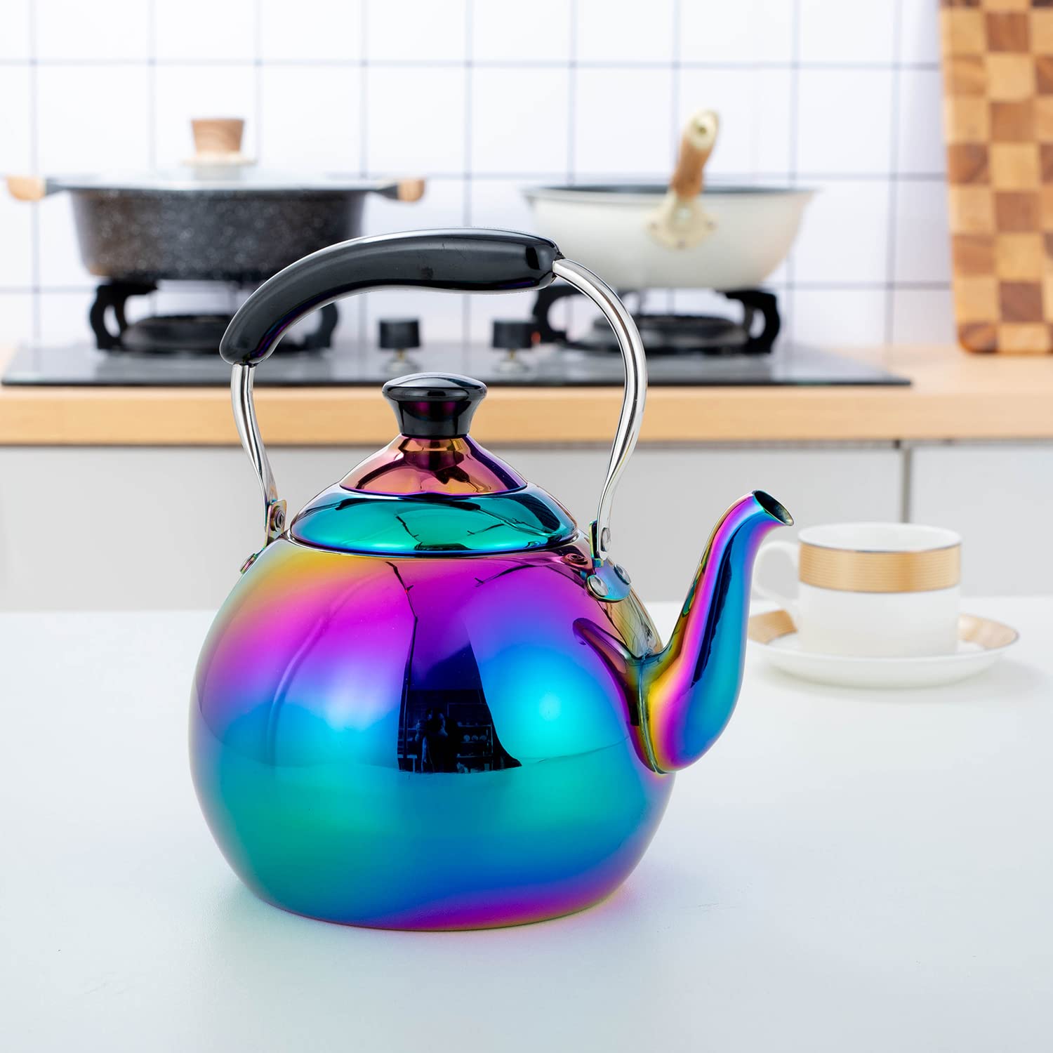 Modern rainbow colored kettle for all stove types