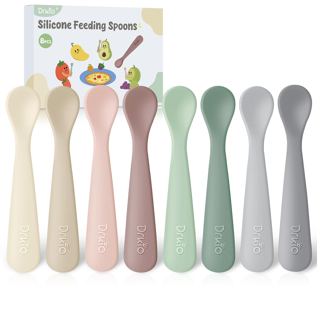 DRKIO 8 piece silicone baby spoons pastel colors for infants