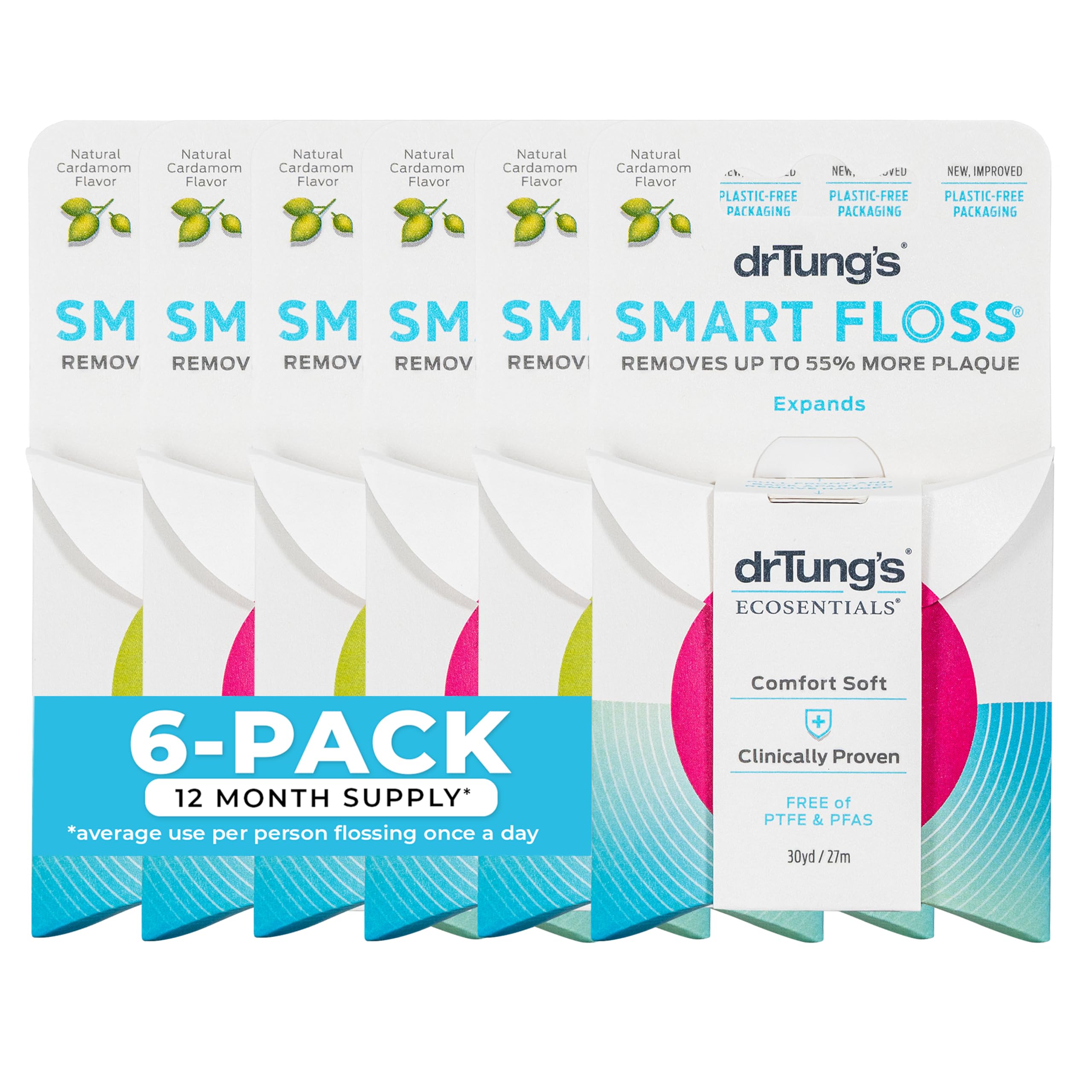 DrTung's Smart Floss expanding natural waxed dental floss packaging
