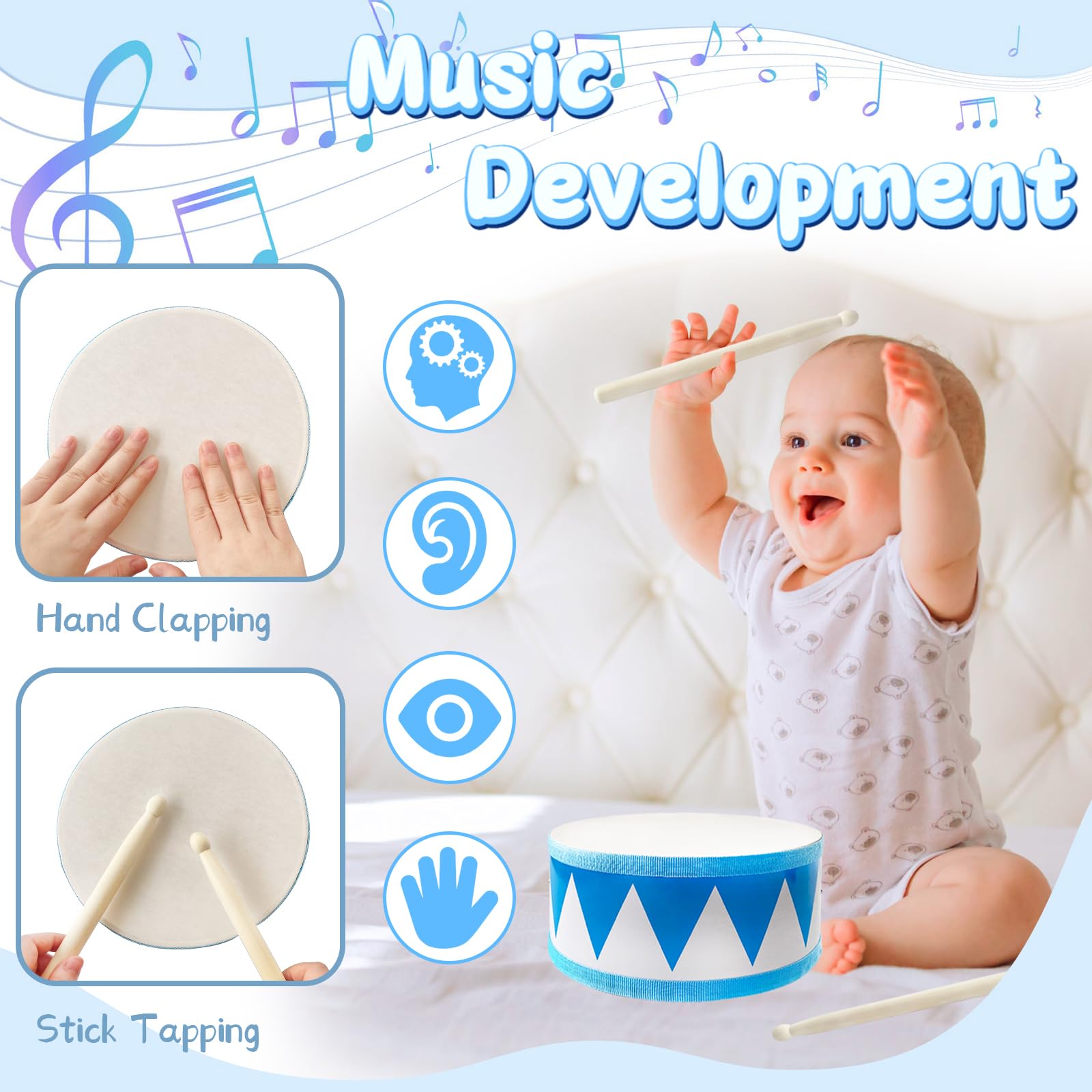 Two drumsticks included with wooden drum toy