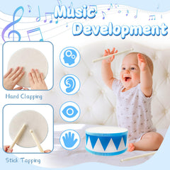 Two drumsticks included with wooden drum toy