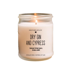 Dry Gin and Cypress scented soy candle in clear jar