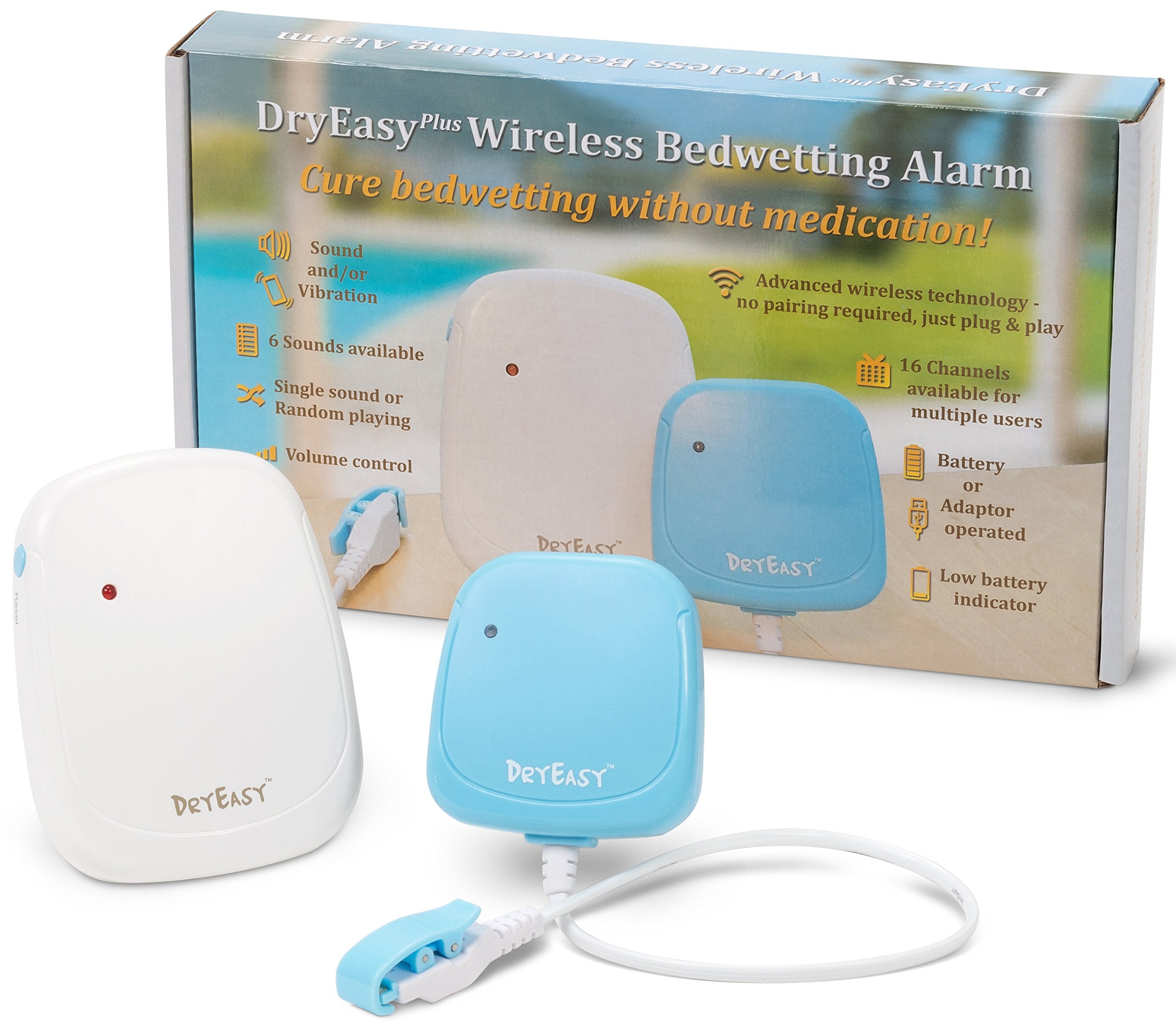 DryEasy Plus wireless bedwetting alarm receiver on bedside table