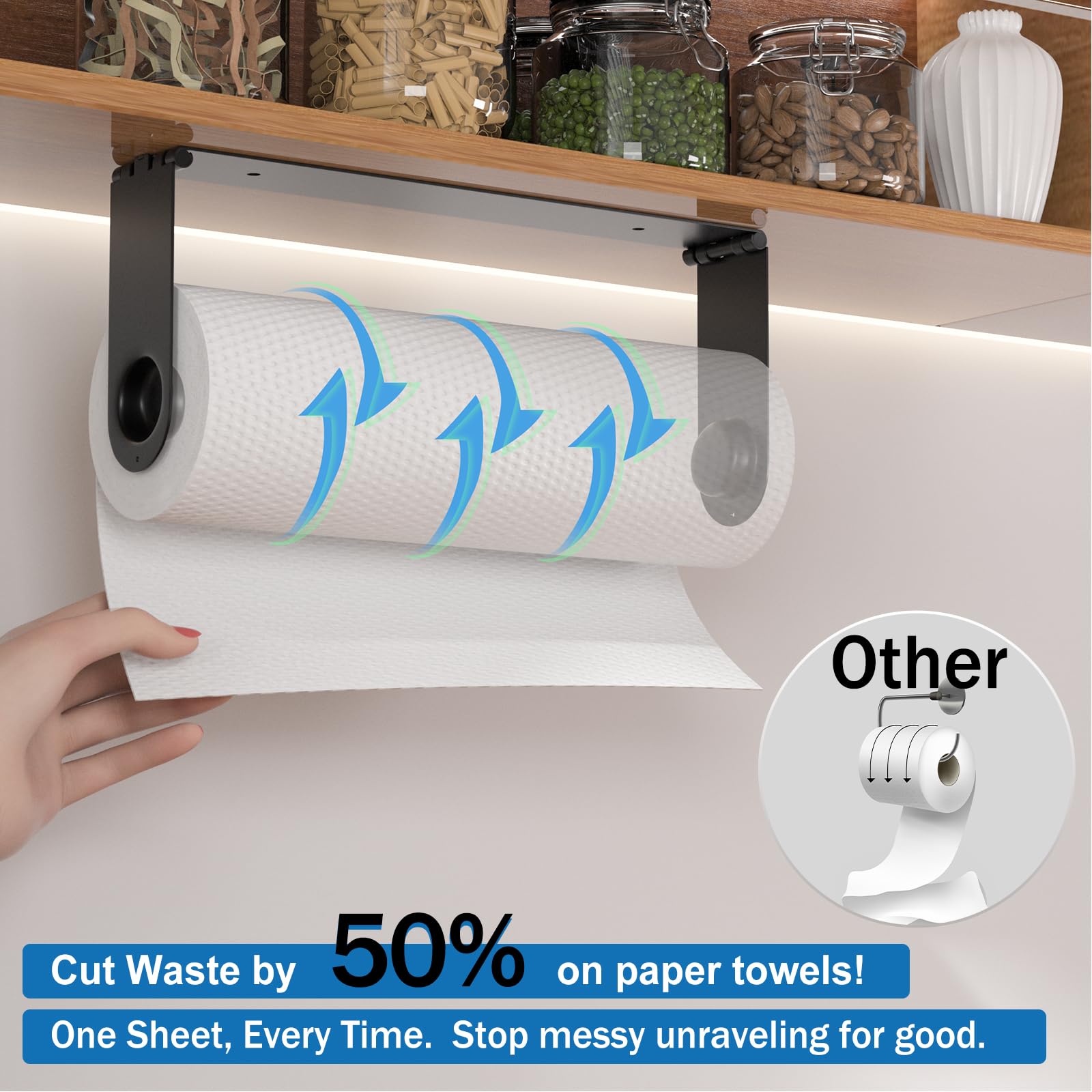 Dual-arm under cabinet paper towel holder mounted on wall or cabinet