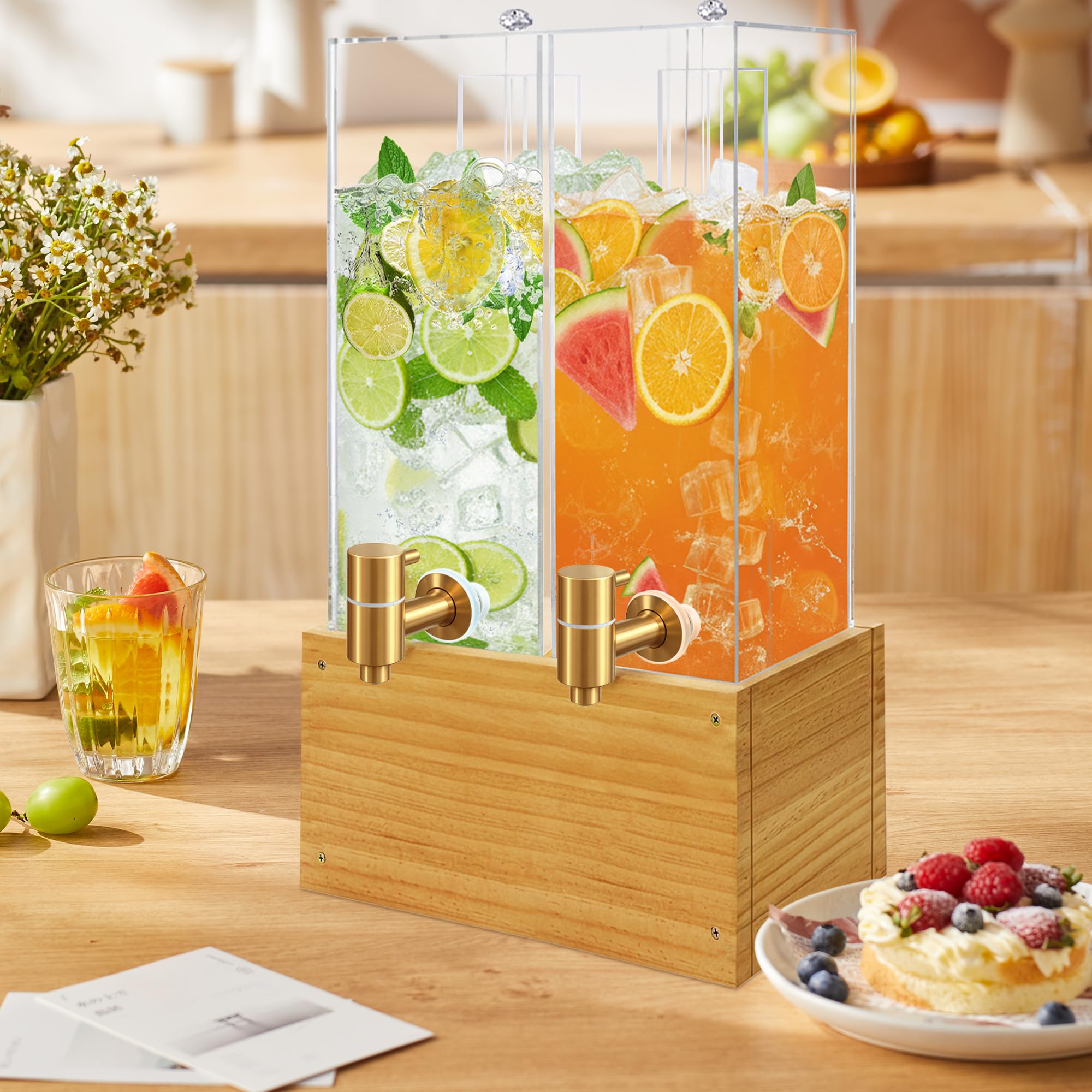 Drink dispenser on stand with natural wood base