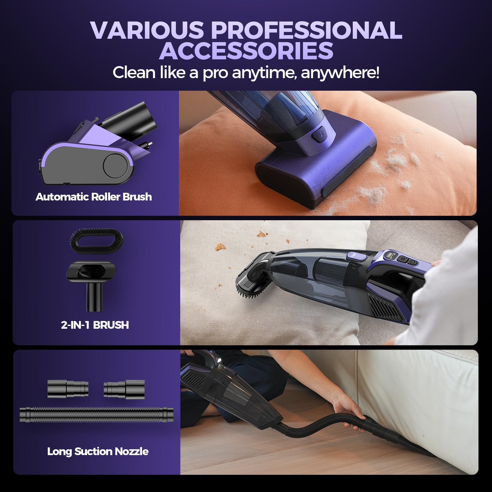 Automatic rolling brush removes pet hair from upholstery