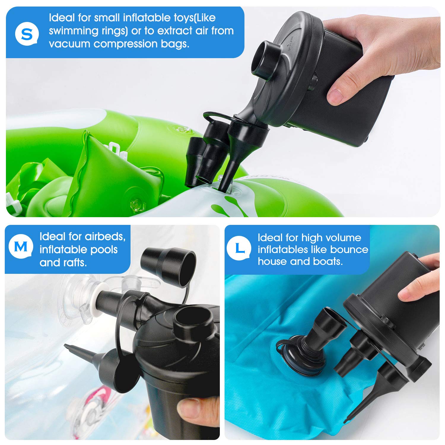Three nozzle sizes S M L included with pump