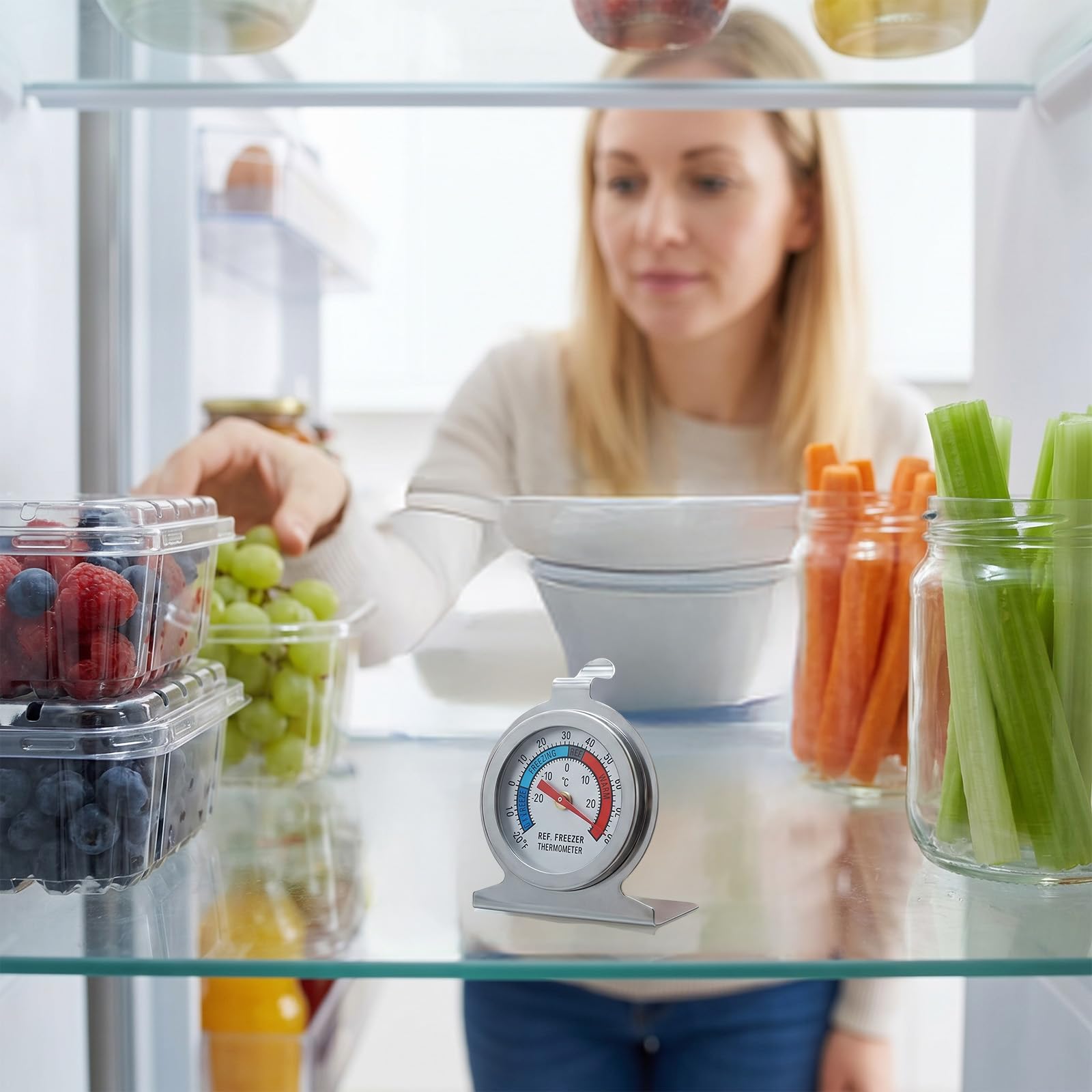 refrigerator thermometer with integrated hook