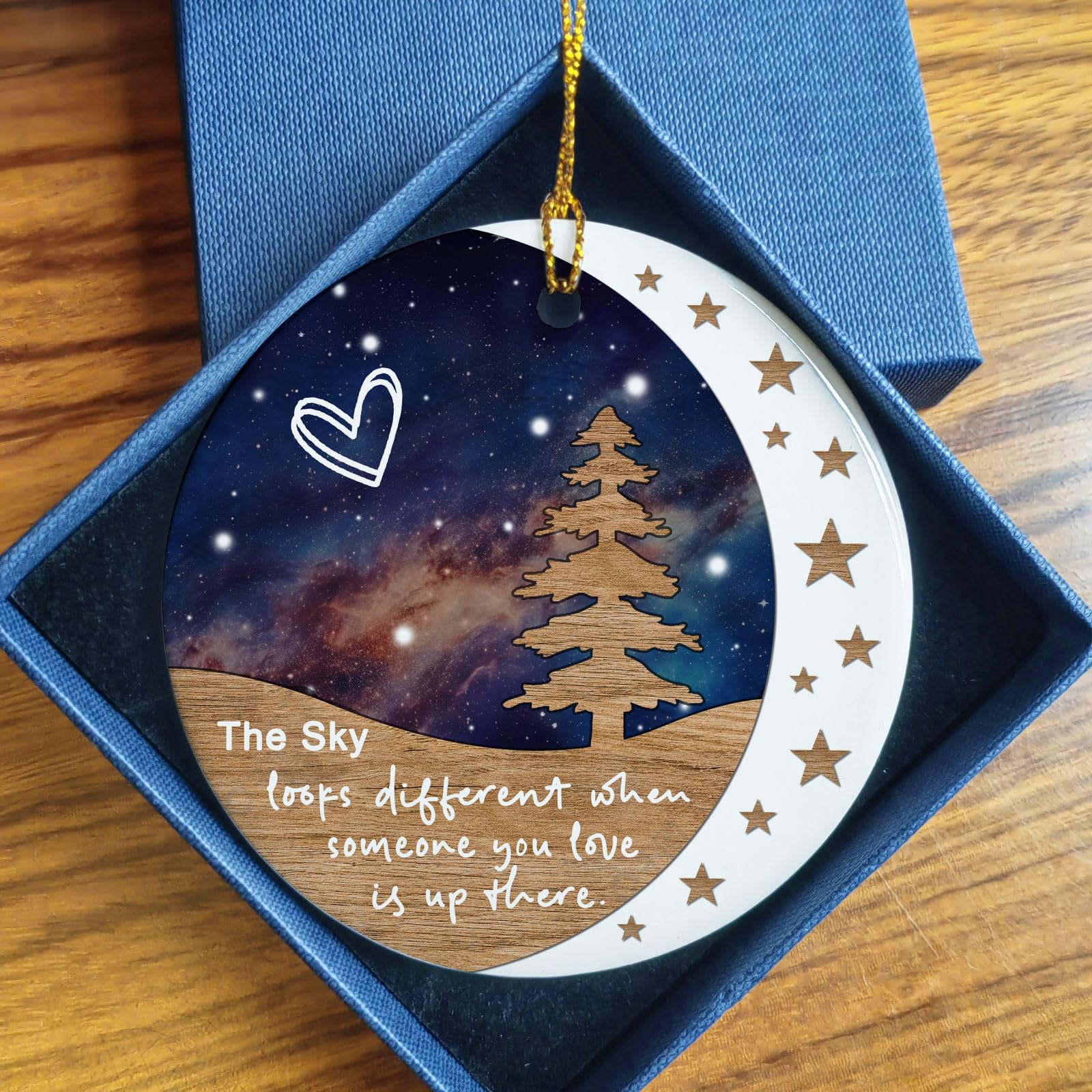 The Sky Looks Different Memorial Ornament ready for display