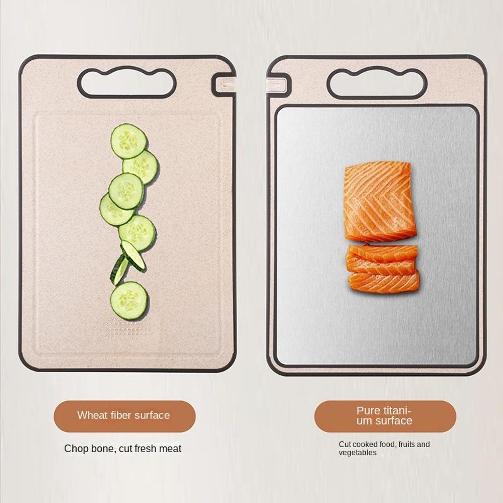 Dual sided titanium and wheat straw surface cutting board