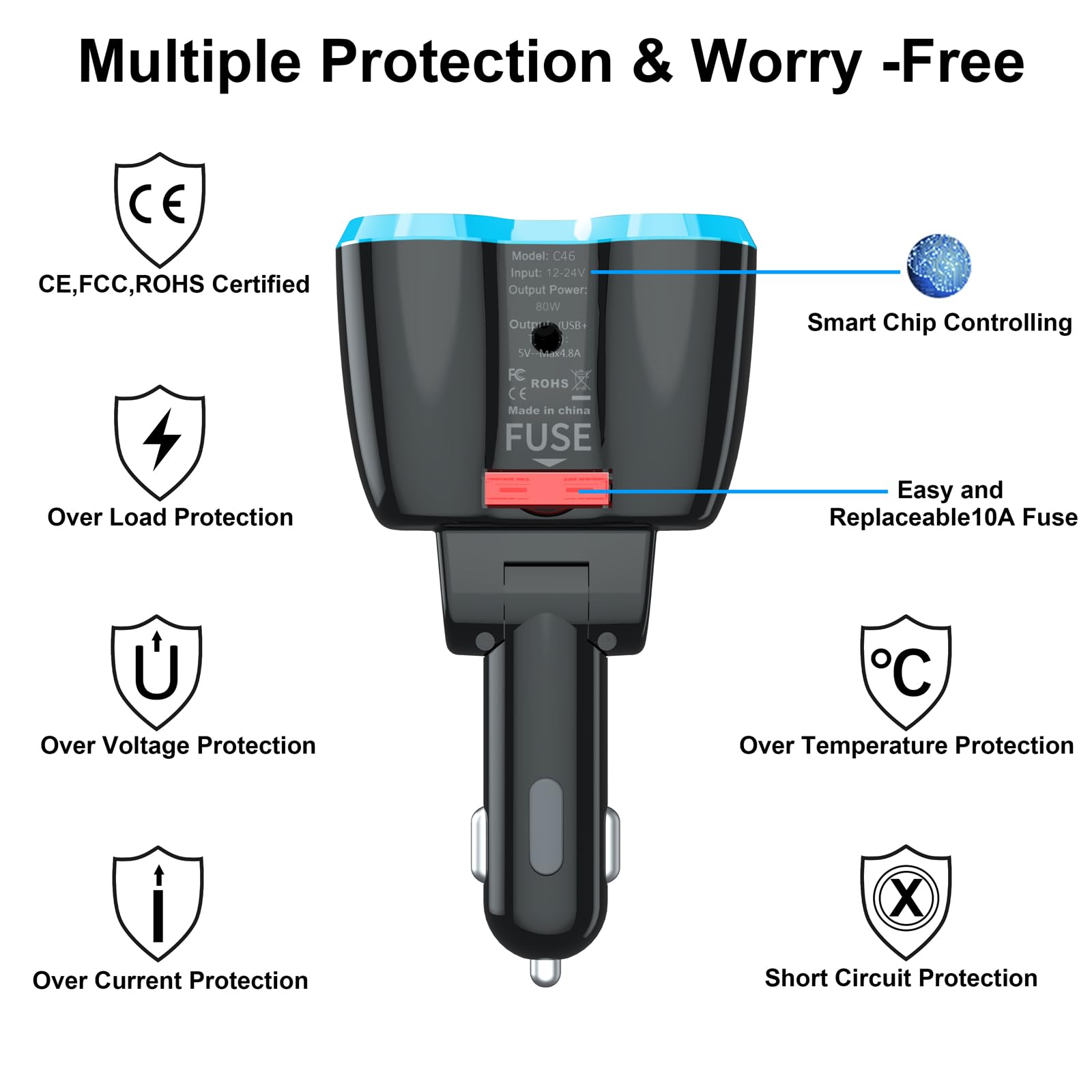 High safety protection with 10A fuse and protective circuits