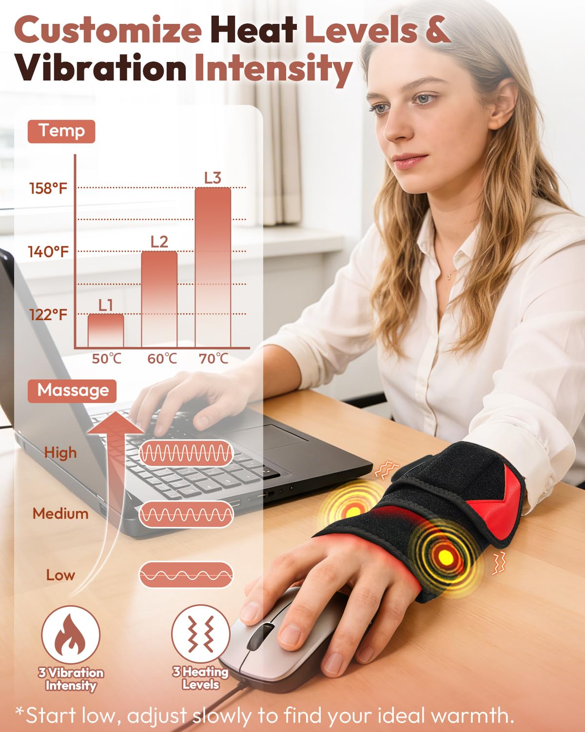 Remote control for adjustable heat and vibration