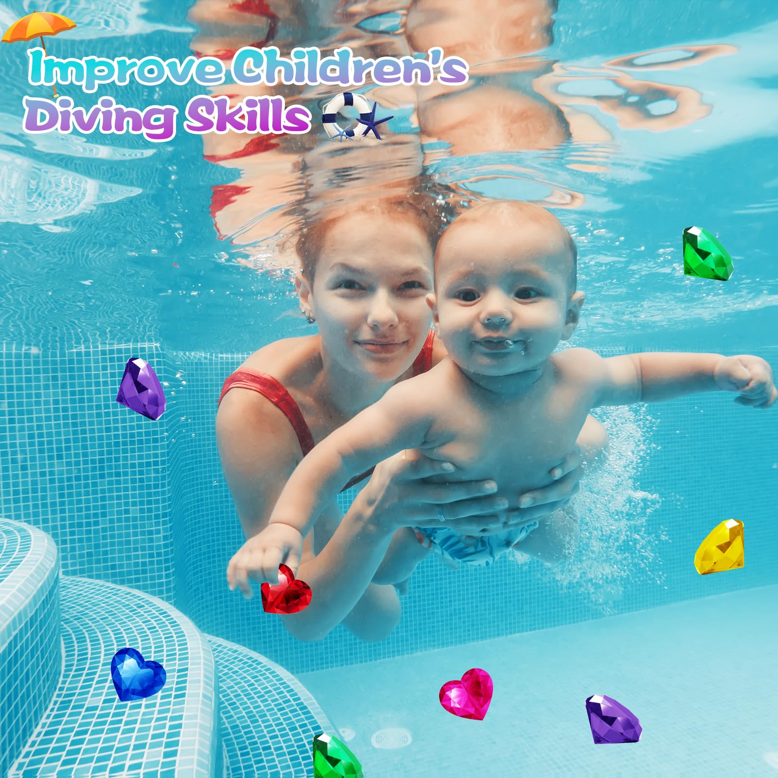 Colorful acrylic pool gems for treasure hunt and swimming