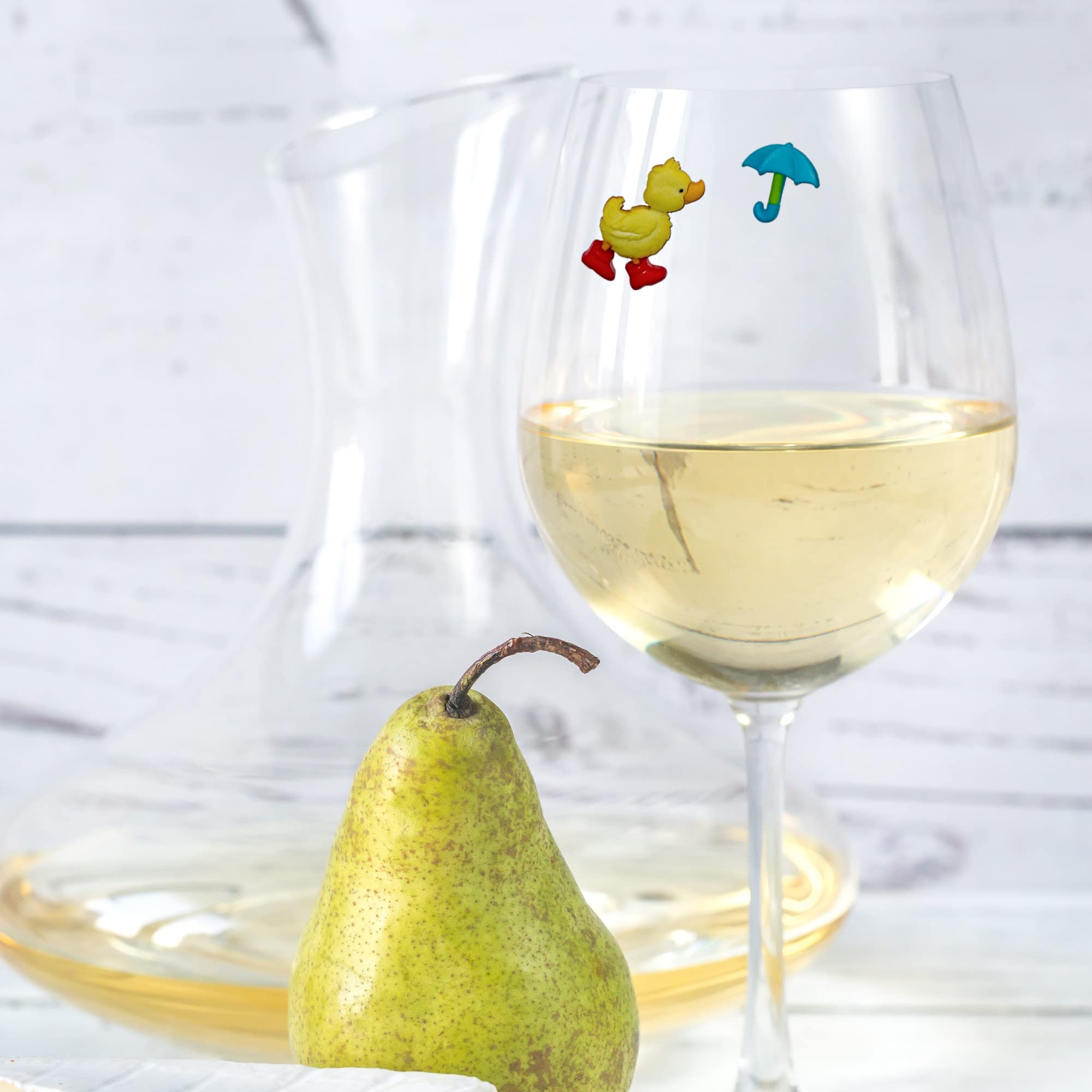 Duck themed wine glass markers with umbrellas and flowers