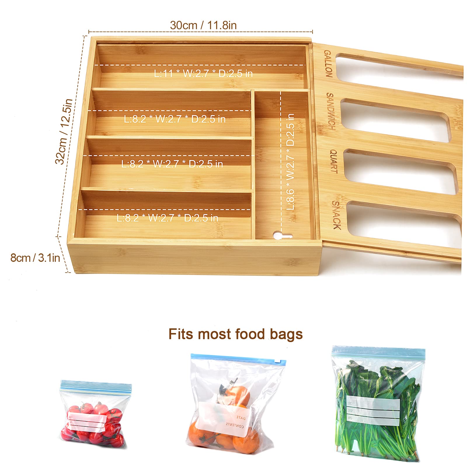 Solid bamboo material bag storage organizer with slider design