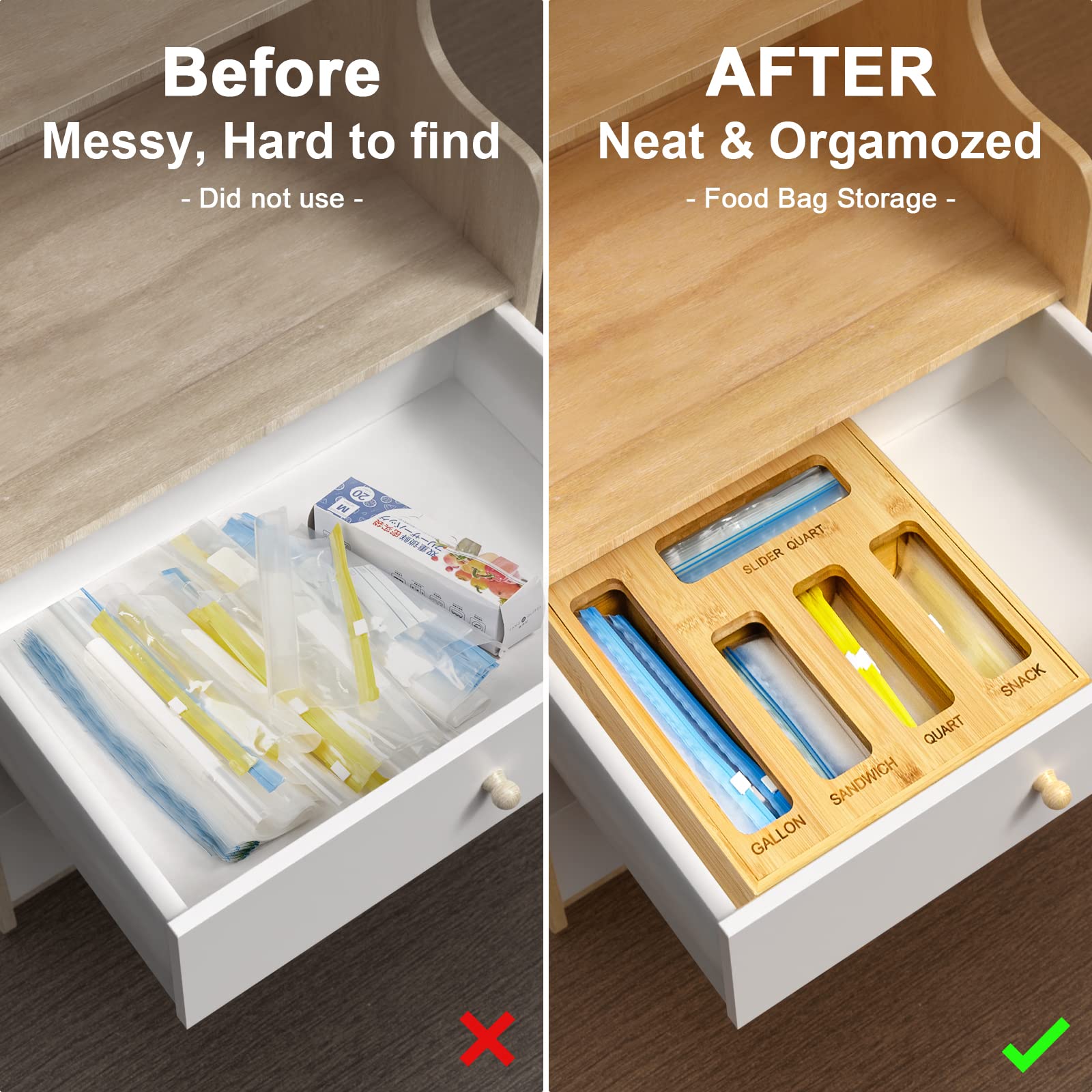 Drawer organizer for gallon quart sandwish and snack bags by DUJEN