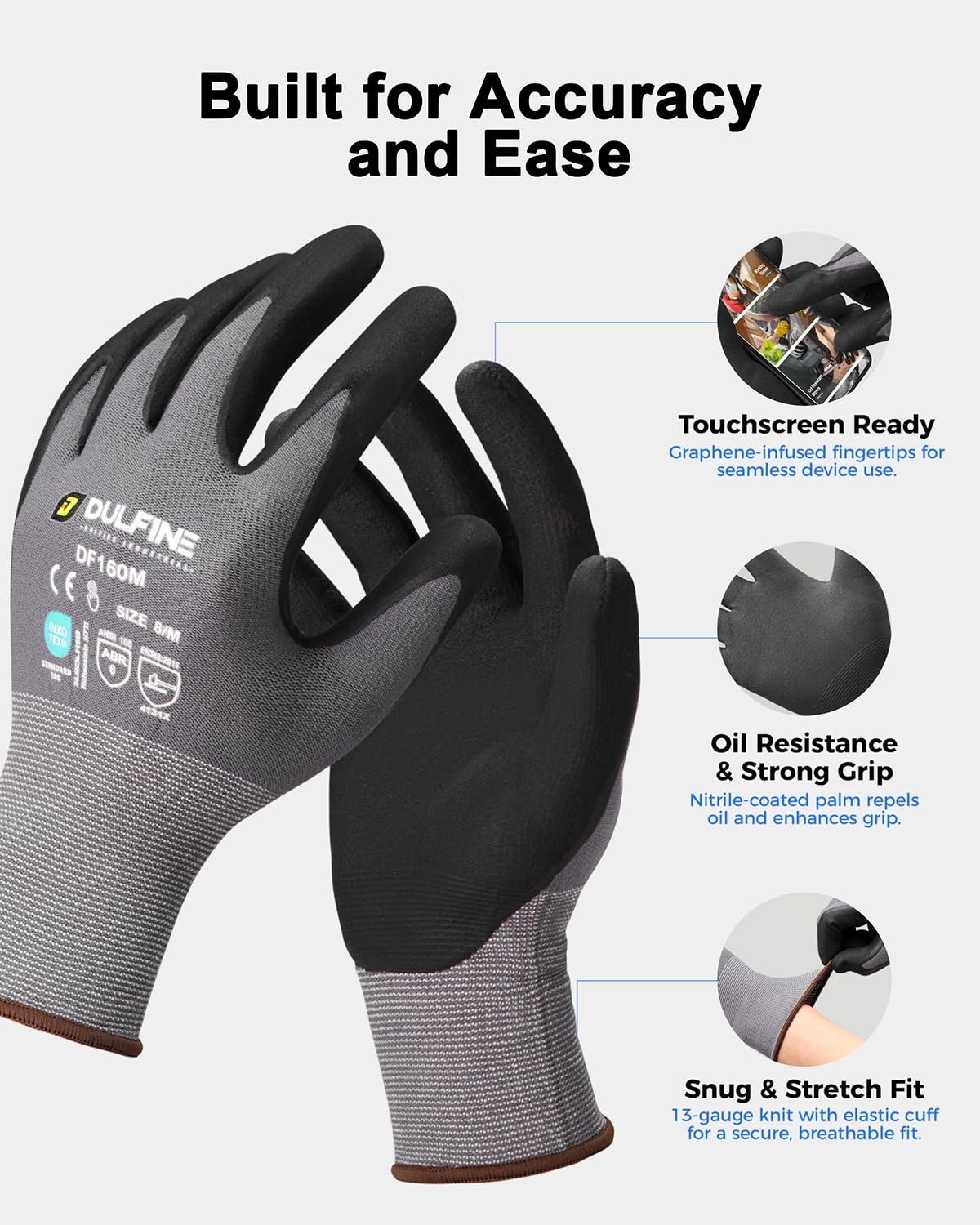 Grey L size DULFINE work gloves for men product view
