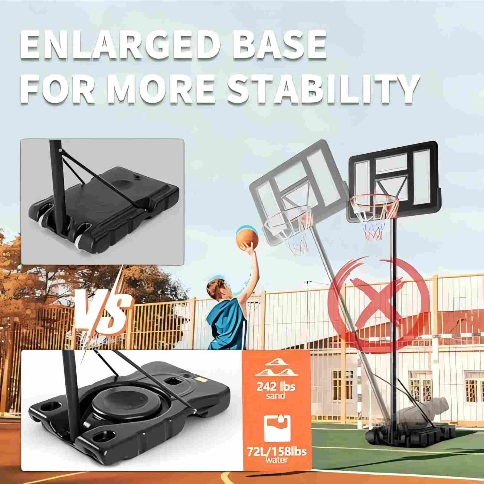 Height adjustable hoop from 5.25 to 10 feet by handle
