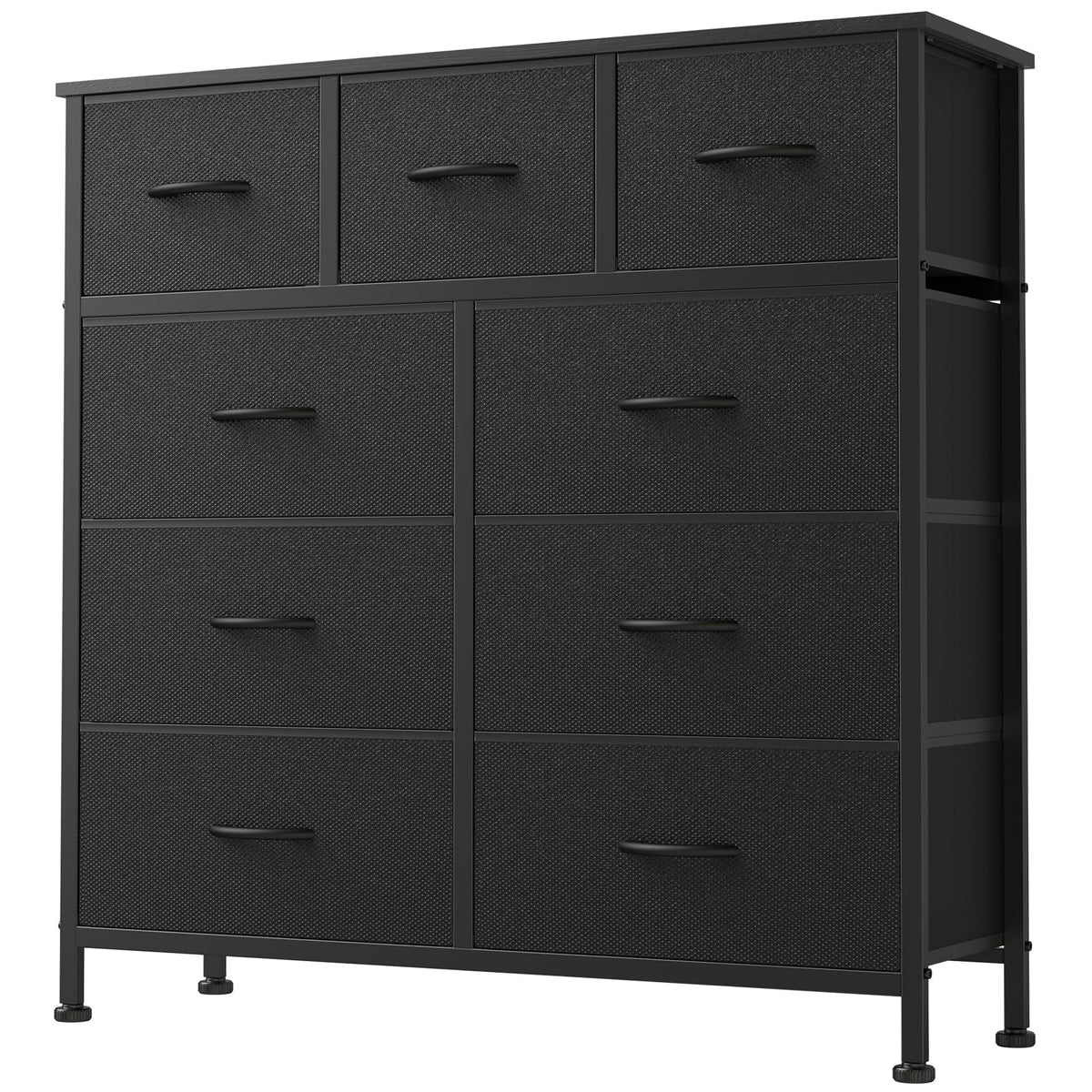 DUMOS 9 Drawer Dresser Matte Black in a bedroom with wooden top