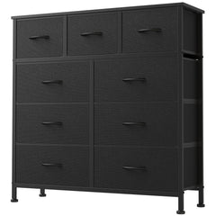 DUMOS 9 Drawer Dresser Matte Black in a bedroom with wooden top