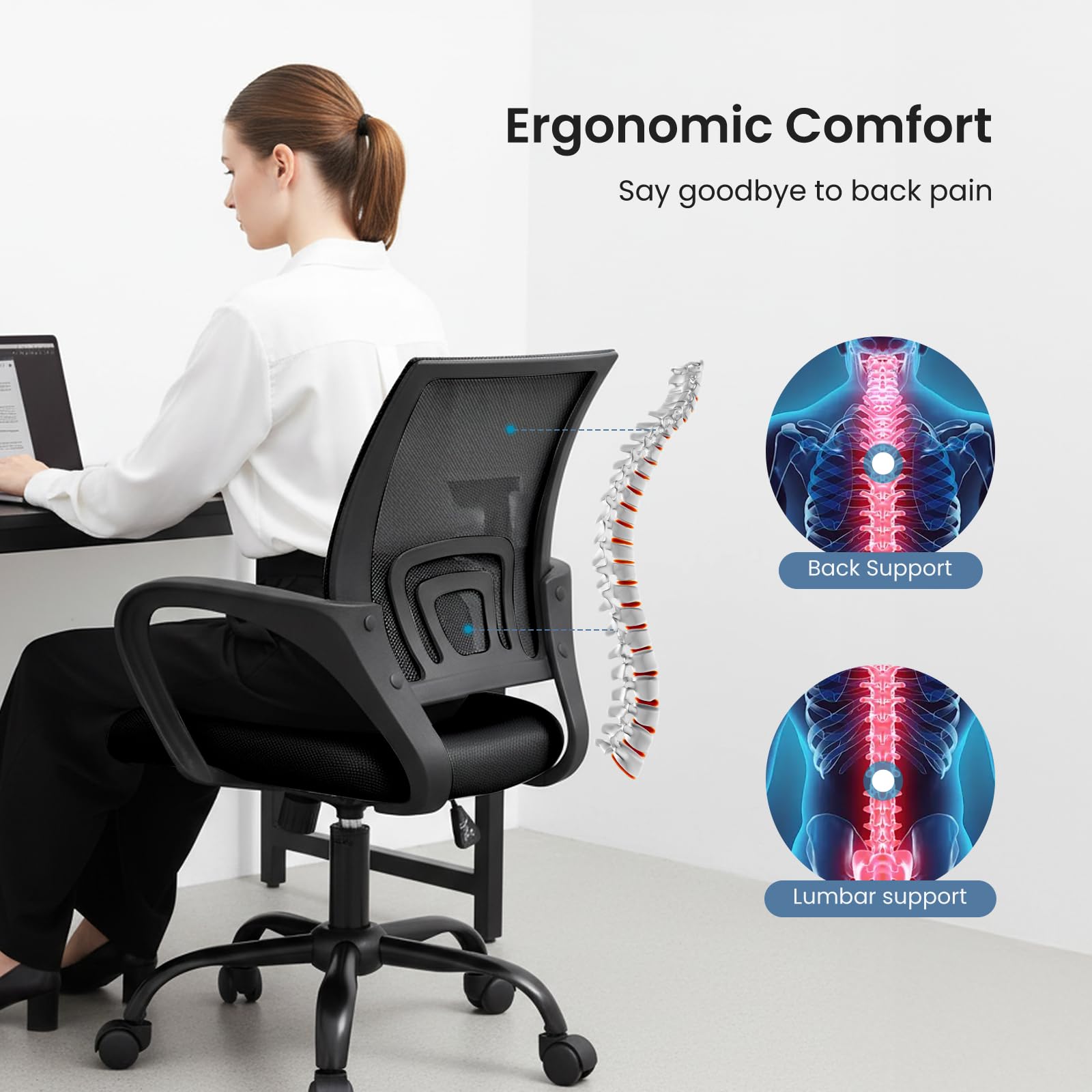 Back storage space and fixed armrests on DUMOS chair