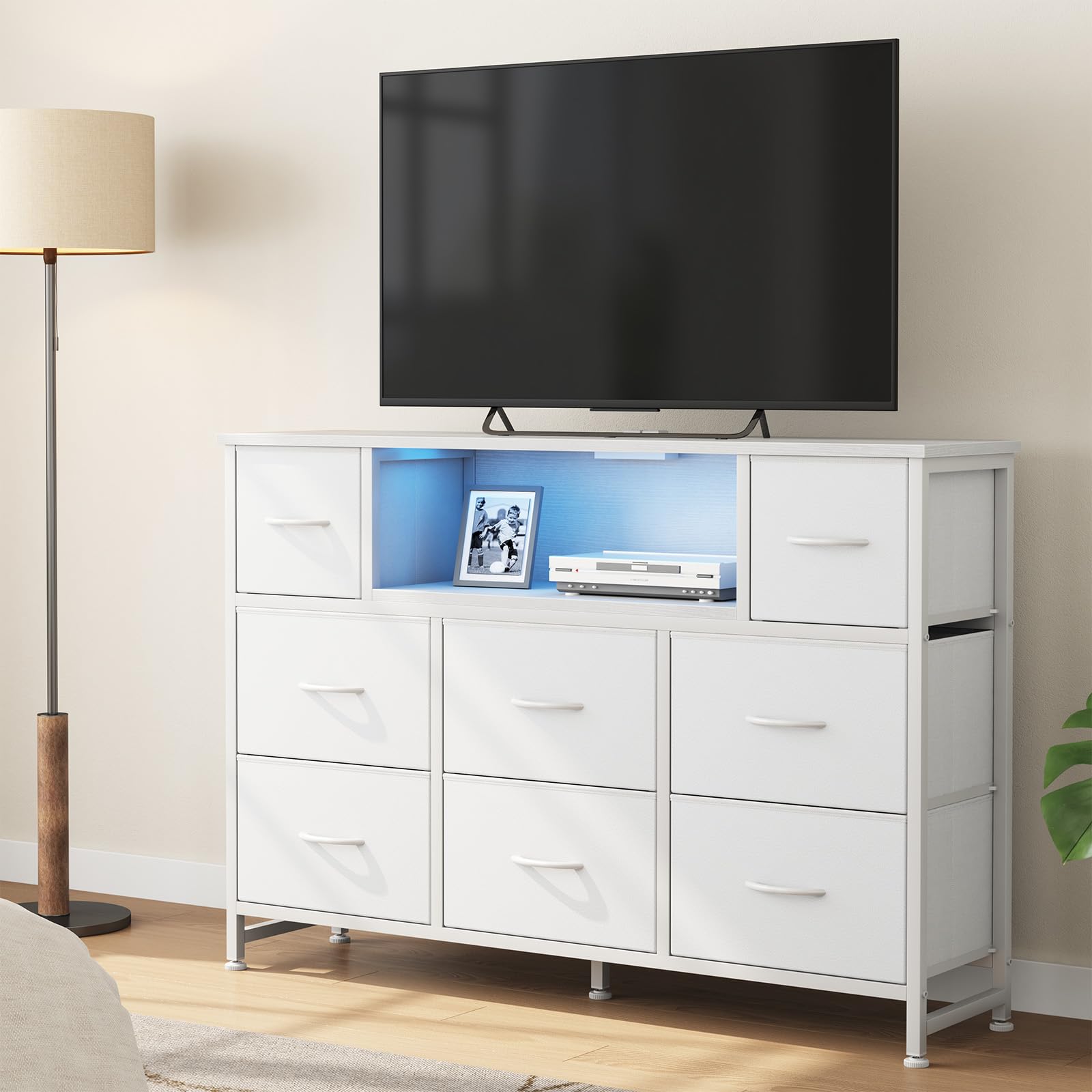 Built-in power strip and smooth glide drawers on entertainment center