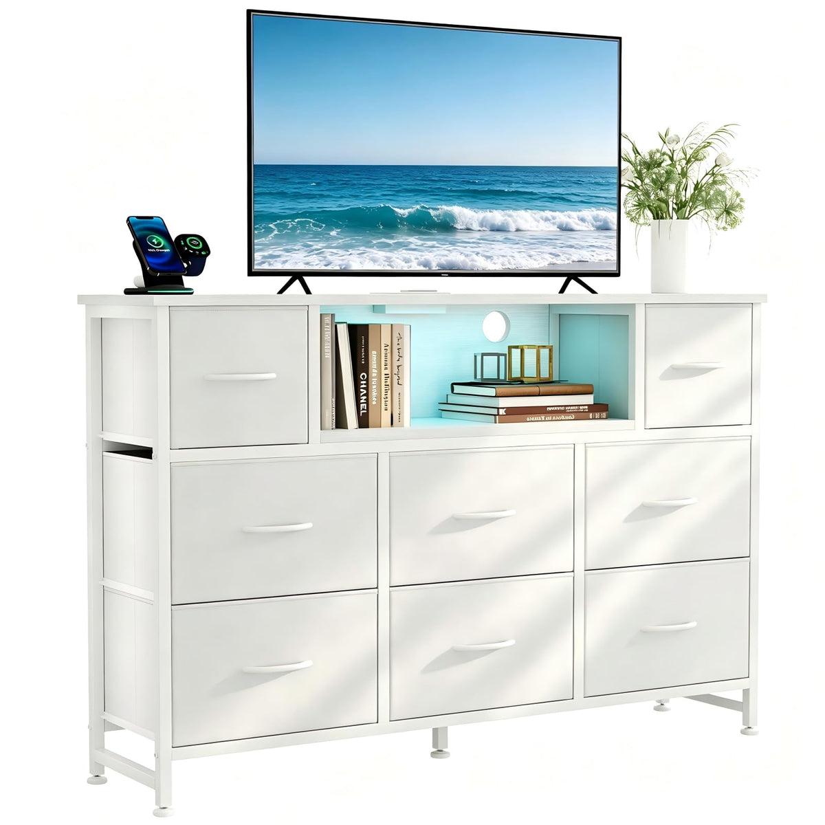 DUMOS LED Entertainment Center white finish with LED mood lighting