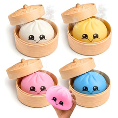 Dumpling Squishy Mystery Box four piece set packaging with white yellow pink and blue