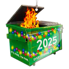 Dumpster fire Ornament displayed on a Christmas tree