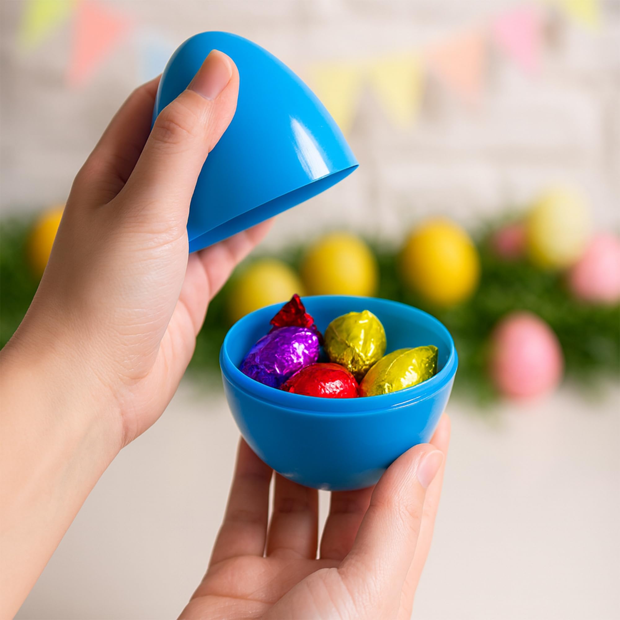Easter basket display Celmuron eggs assorted colors