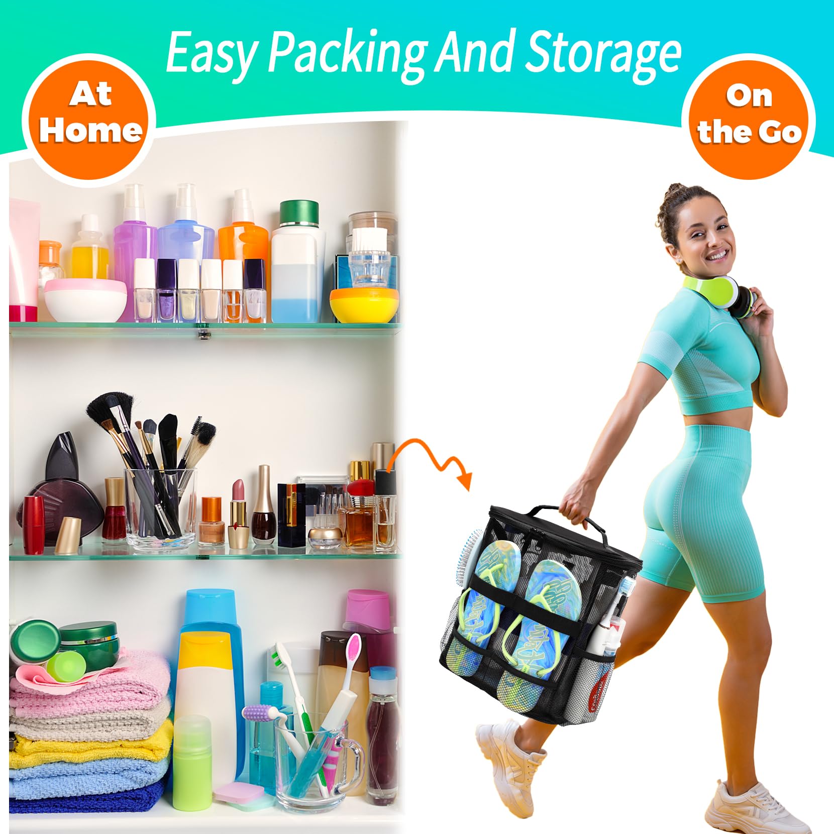 Durable shower caddy holding up to 60 lbs with reinforced seams
