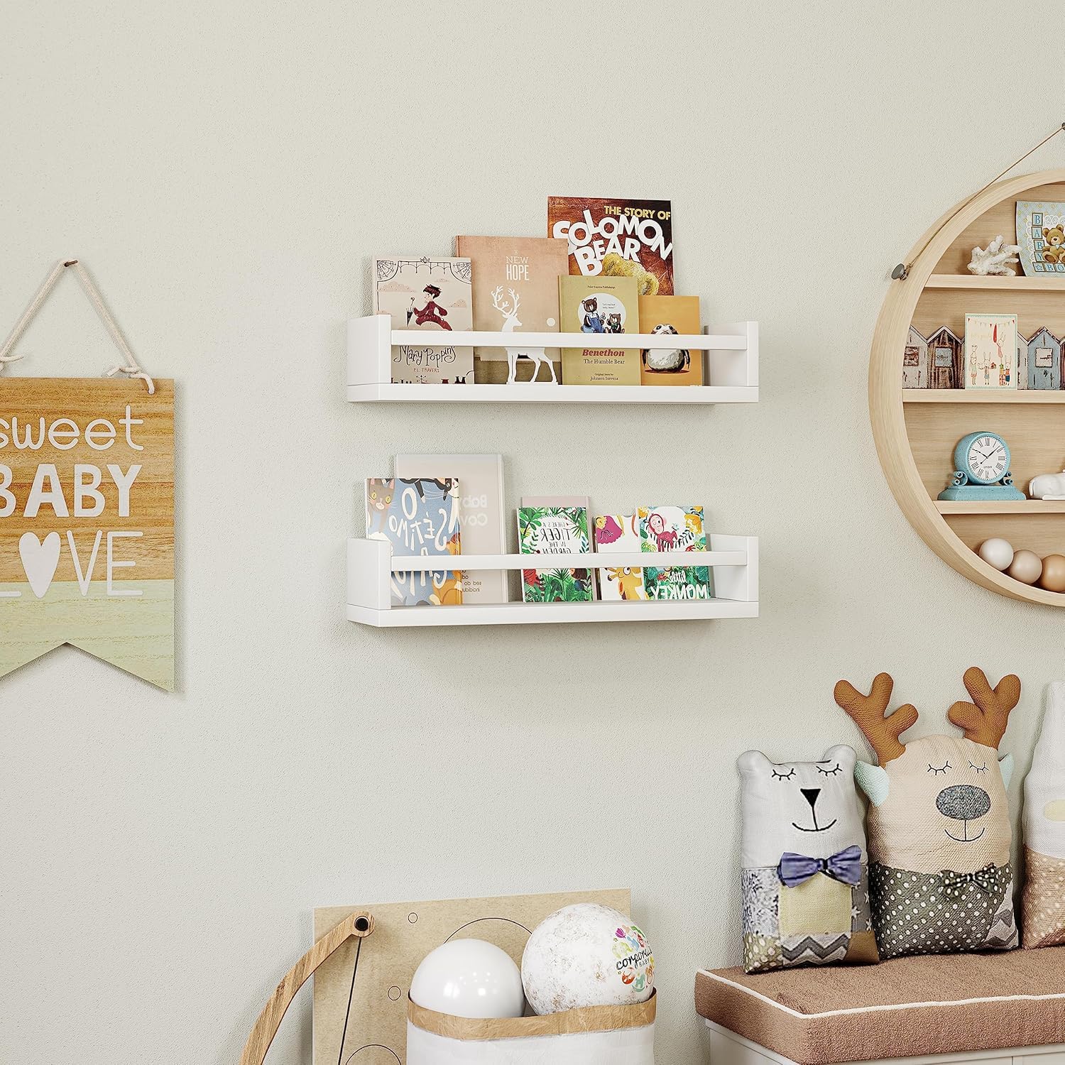 Set of four wall mounted shelves for nursery and playroom