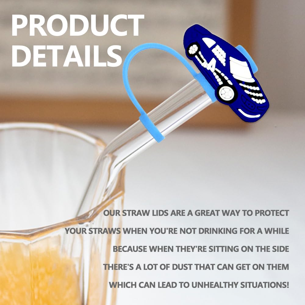 Cartoon race car straw cap attaches to straw and stays in place