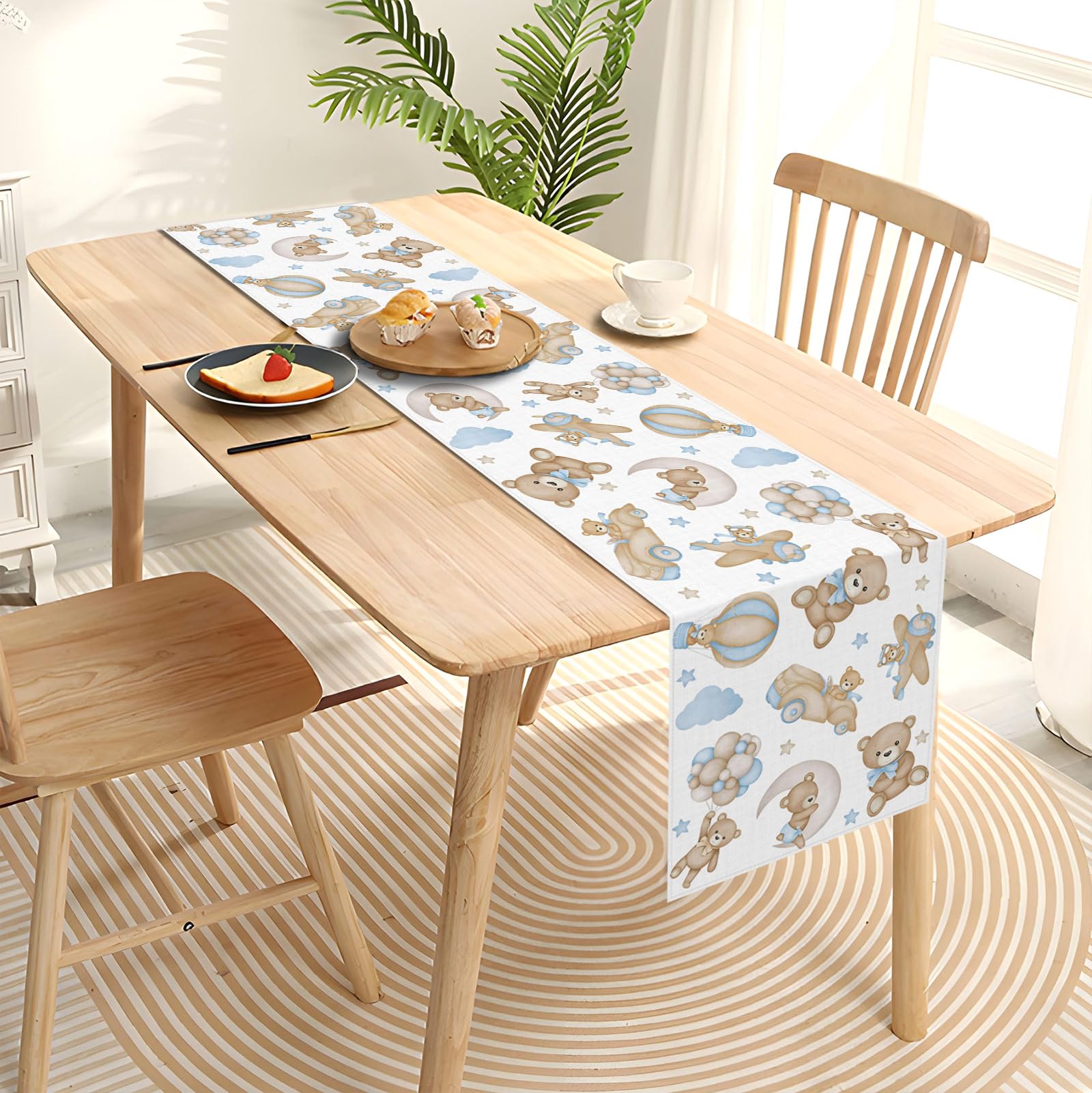 Dusty blue bear table runner for baby shower decor
