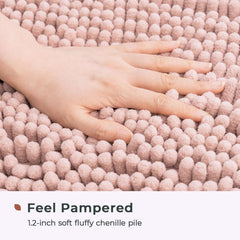 Dusty pink washable bath mat with plush chenille pile
